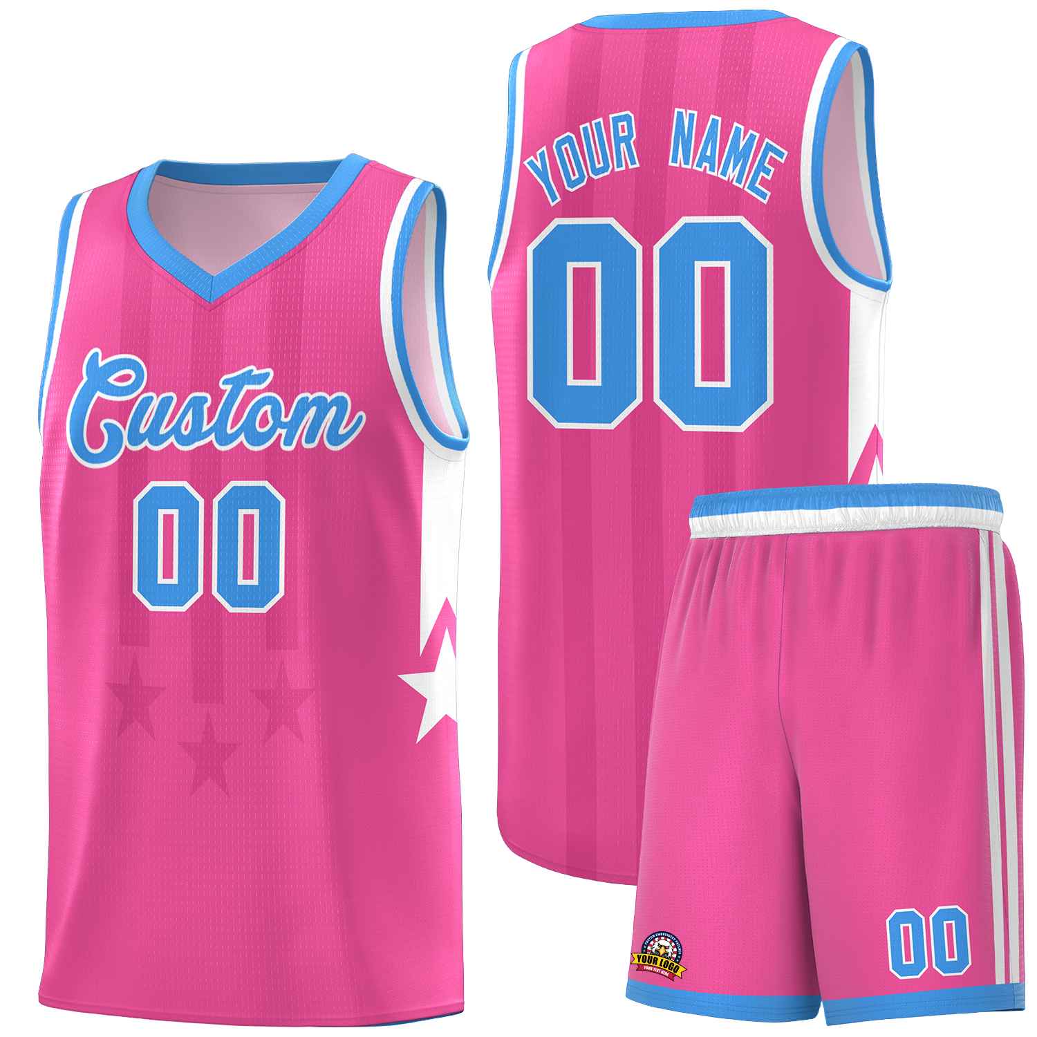 Custom Pink Powder Blue and White Gradient Star Graffiti Pattern Sports Uniform Basketball Jersey