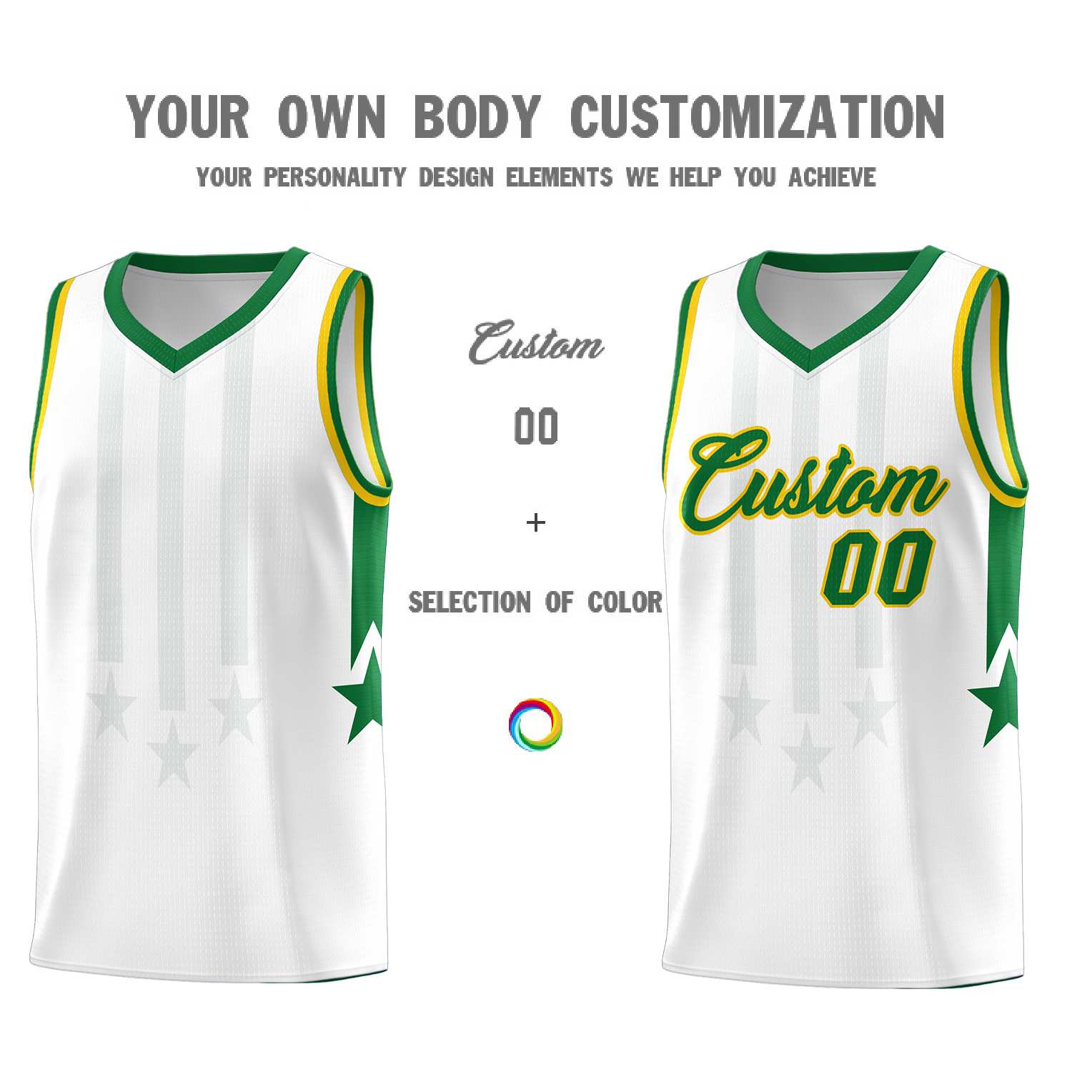 Custom White Kelly Green and Gold Gradient Star Graffiti Pattern Sports Uniform Basketball Jersey
