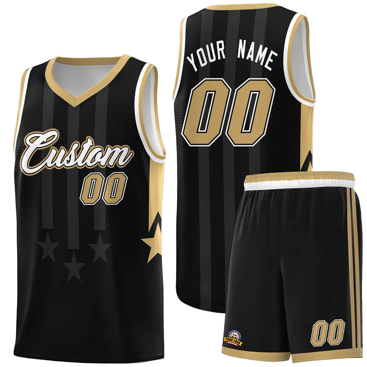 Custom Black Old Gold and White Gradient Star Graffiti Pattern Sports Uniform Basketball Jersey