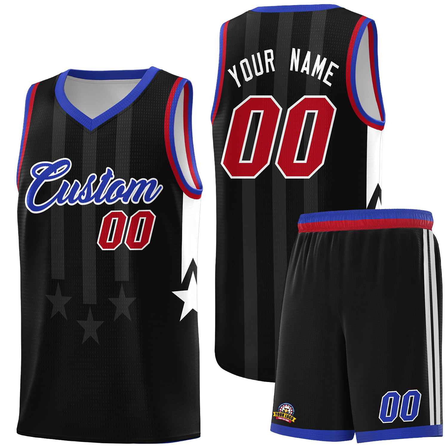 Custom Black Royal and Red Gradient Star Graffiti Pattern Sports Uniform Basketball Jersey