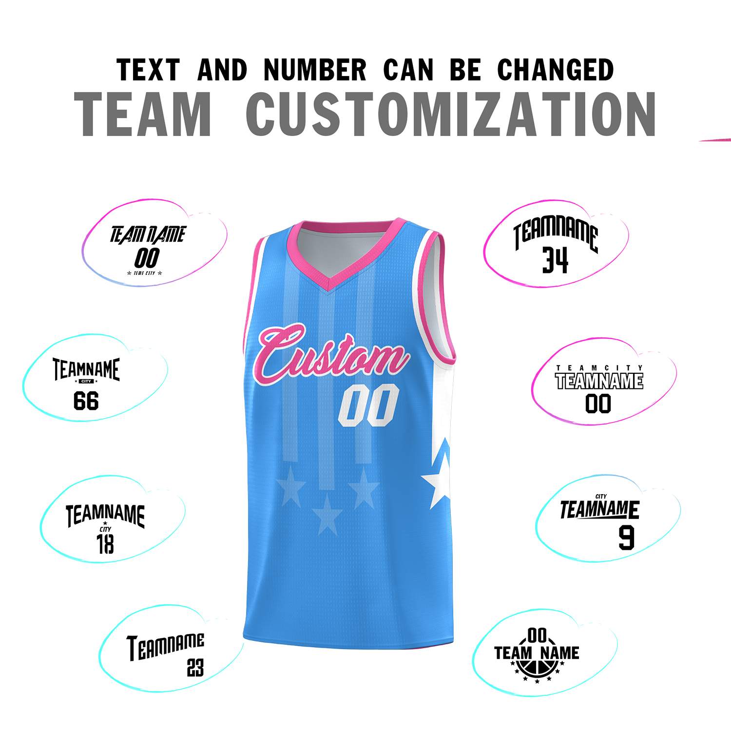 Custom Powder Blue Pink and White Gradient Star Graffiti Pattern Sports Uniform Basketball Jersey