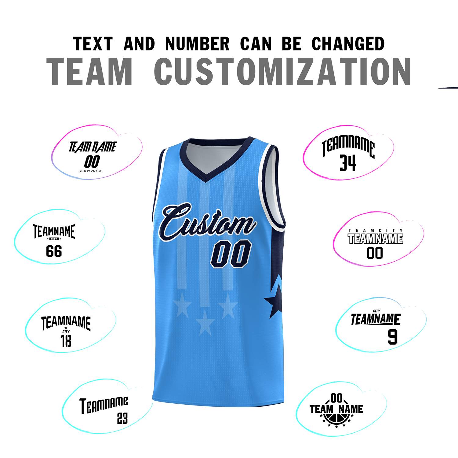 Custom Powder Blue Navy and White Gradient Star Graffiti Pattern Sports Uniform Basketball Jersey