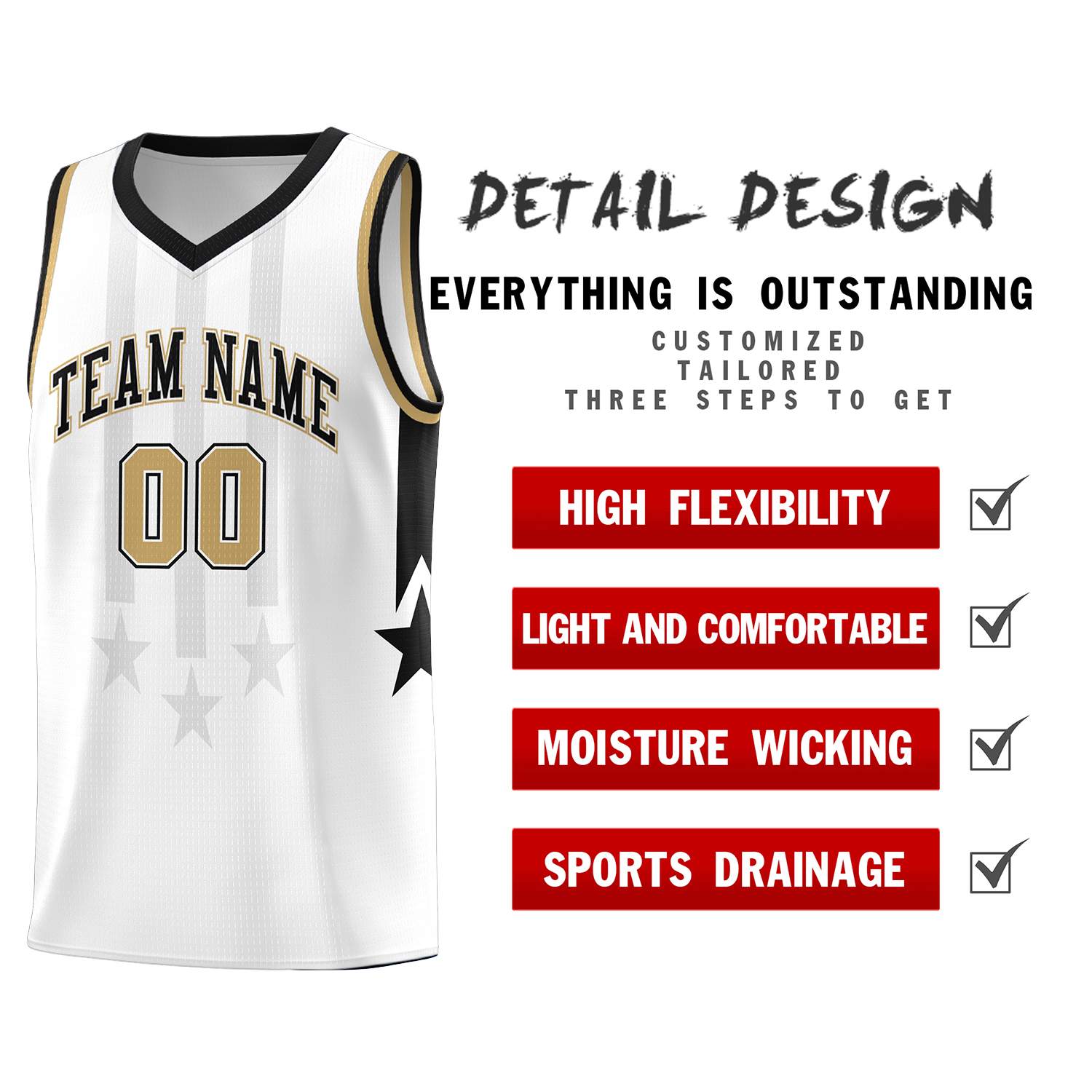 Custom White Black and Old Gold Gradient Star Graffiti Pattern Sports Uniform Basketball Jersey