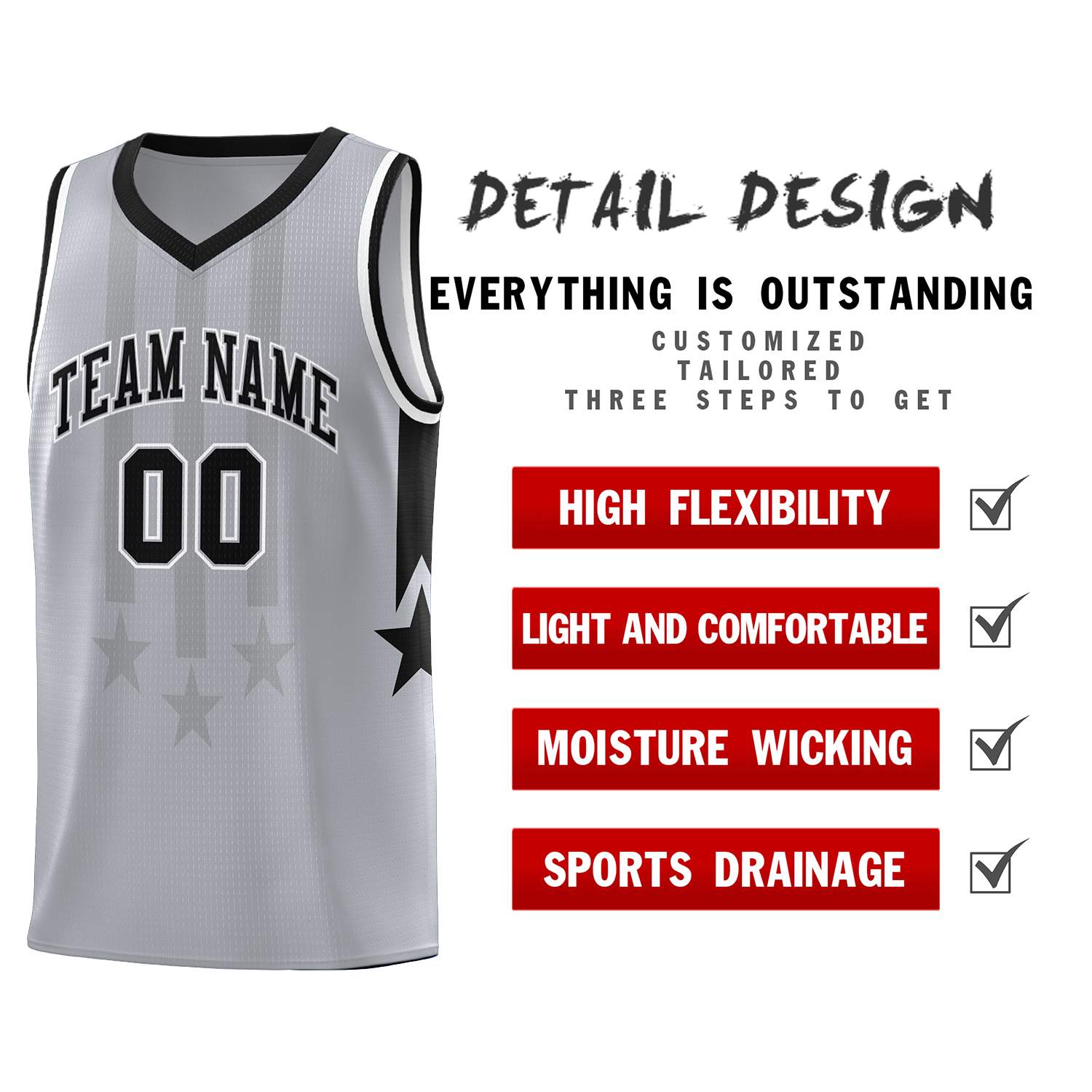 Custom Gray Black and White Gradient Star Graffiti Pattern Sports Uniform Basketball Jersey
