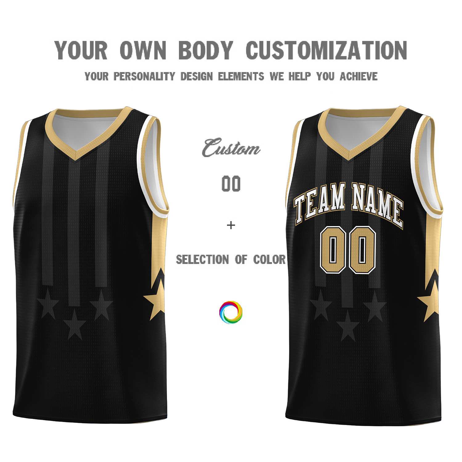Custom Black Old Gold and White Gradient Star Graffiti Pattern Sports Uniform Basketball Jersey