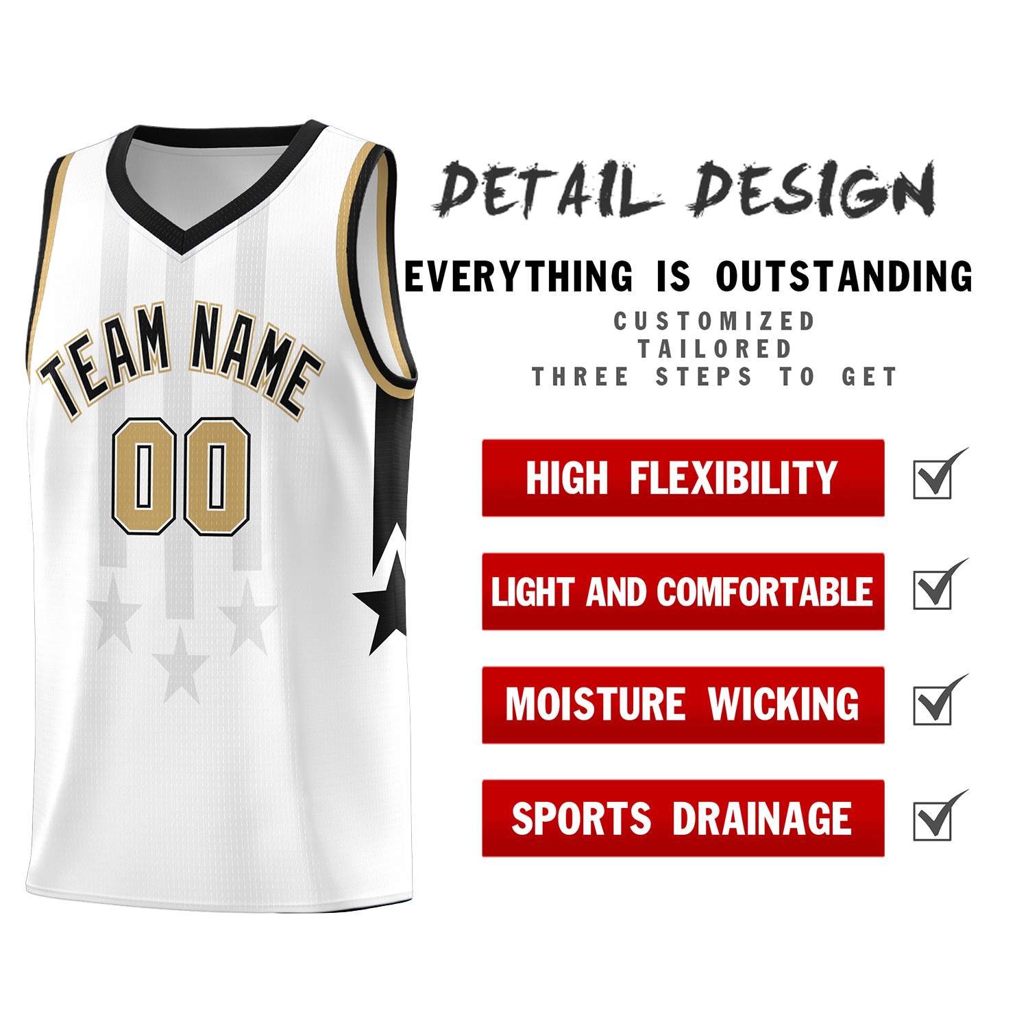 Custom White Black and Old Gold Gradient Star Graffiti Pattern Sports Uniform Basketball Jersey