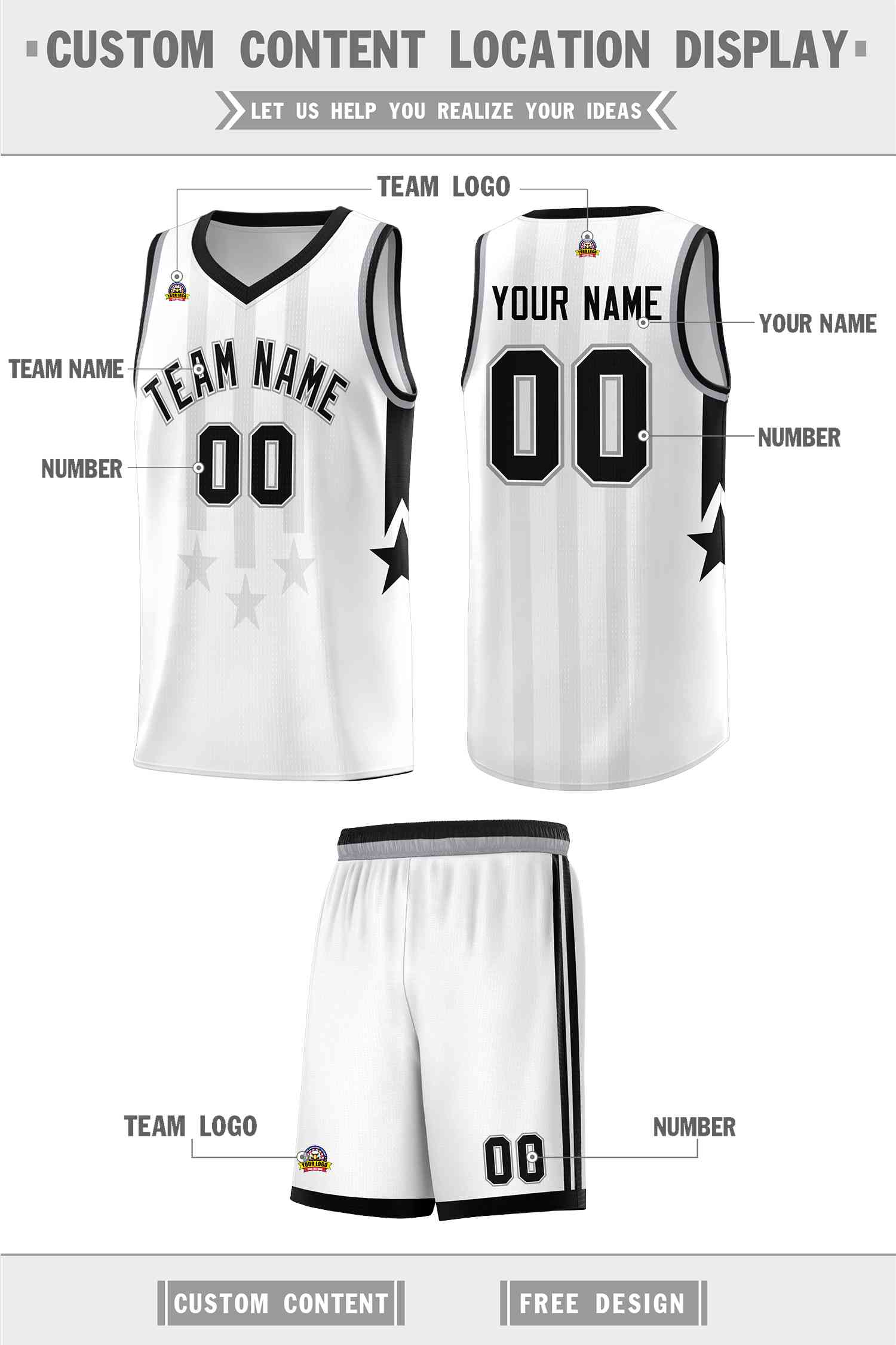 Custom White Black and Gray Gradient Star Graffiti Pattern Sports Uniform Basketball Jersey