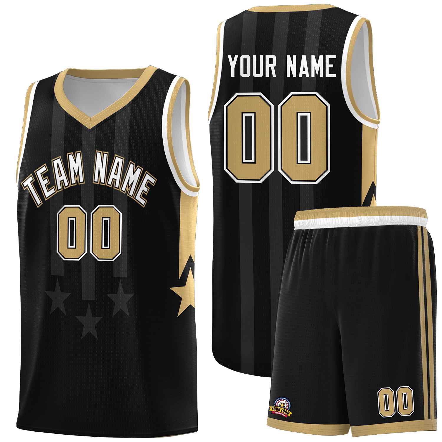 Custom Black Old Gold and White Gradient Star Graffiti Pattern Sports Uniform Basketball Jersey