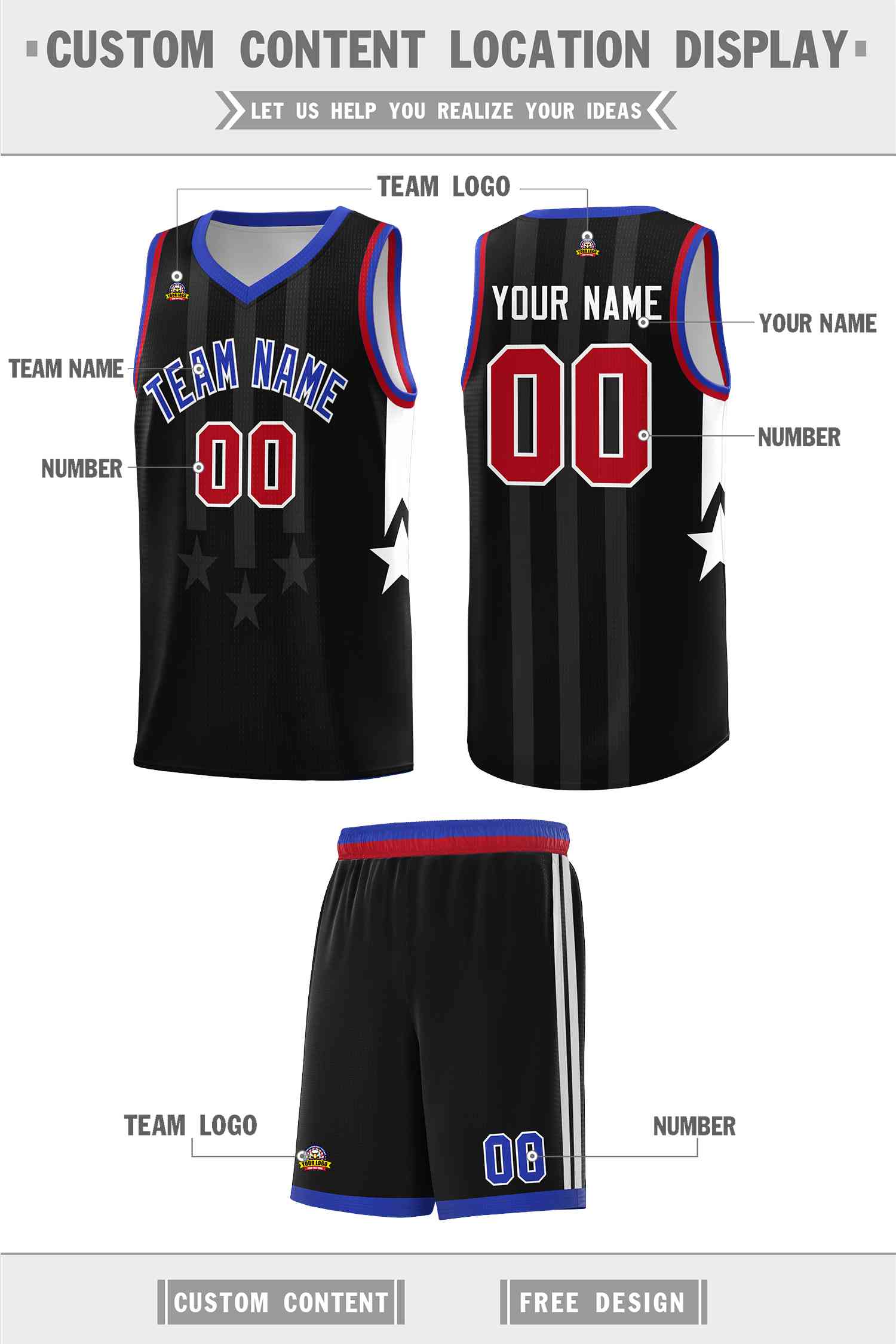 Custom Black Royal and Red Gradient Star Graffiti Pattern Sports Uniform Basketball Jersey