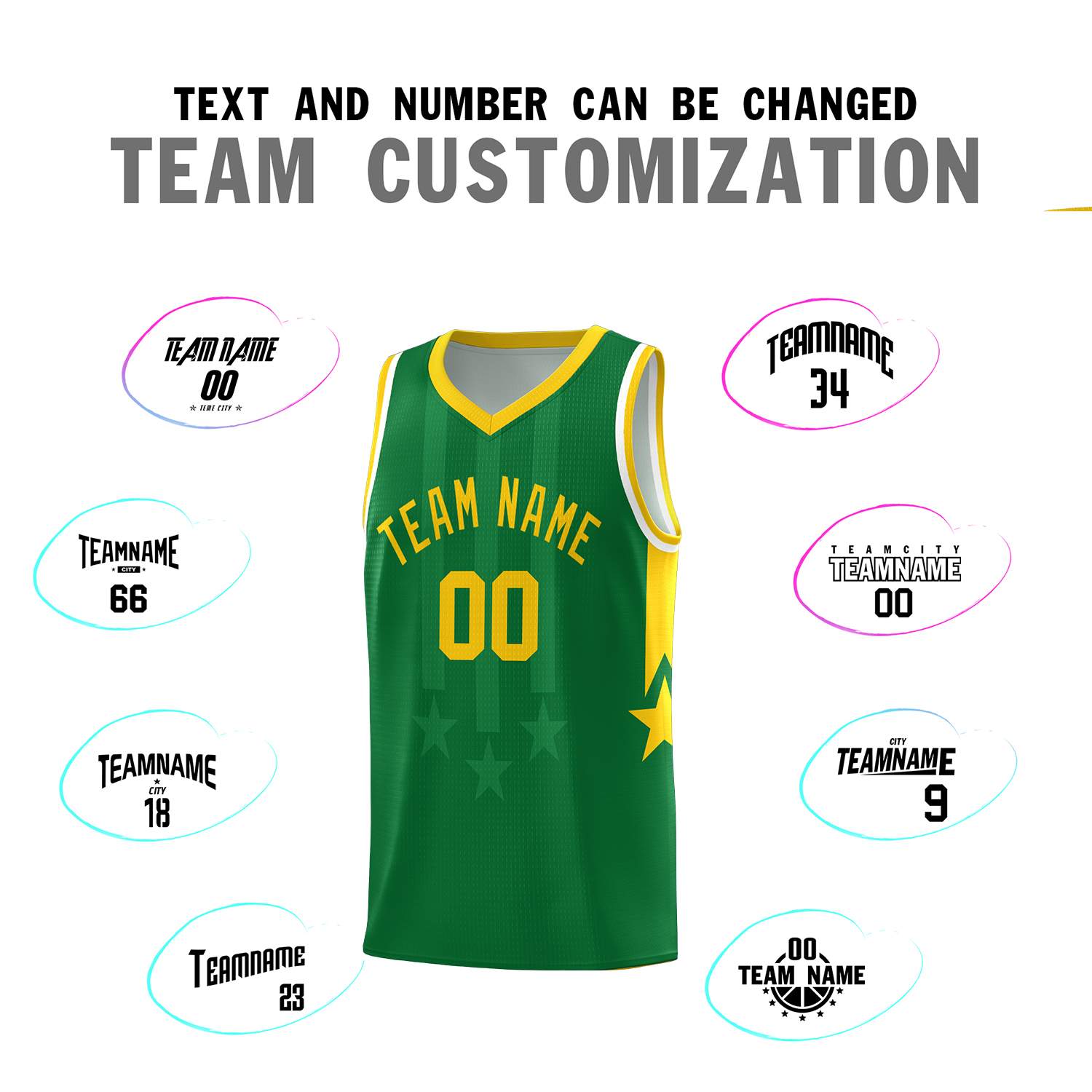 Custom Kelly Green Gold and White Gradient Star Graffiti Pattern Sports Uniform Basketball Jersey