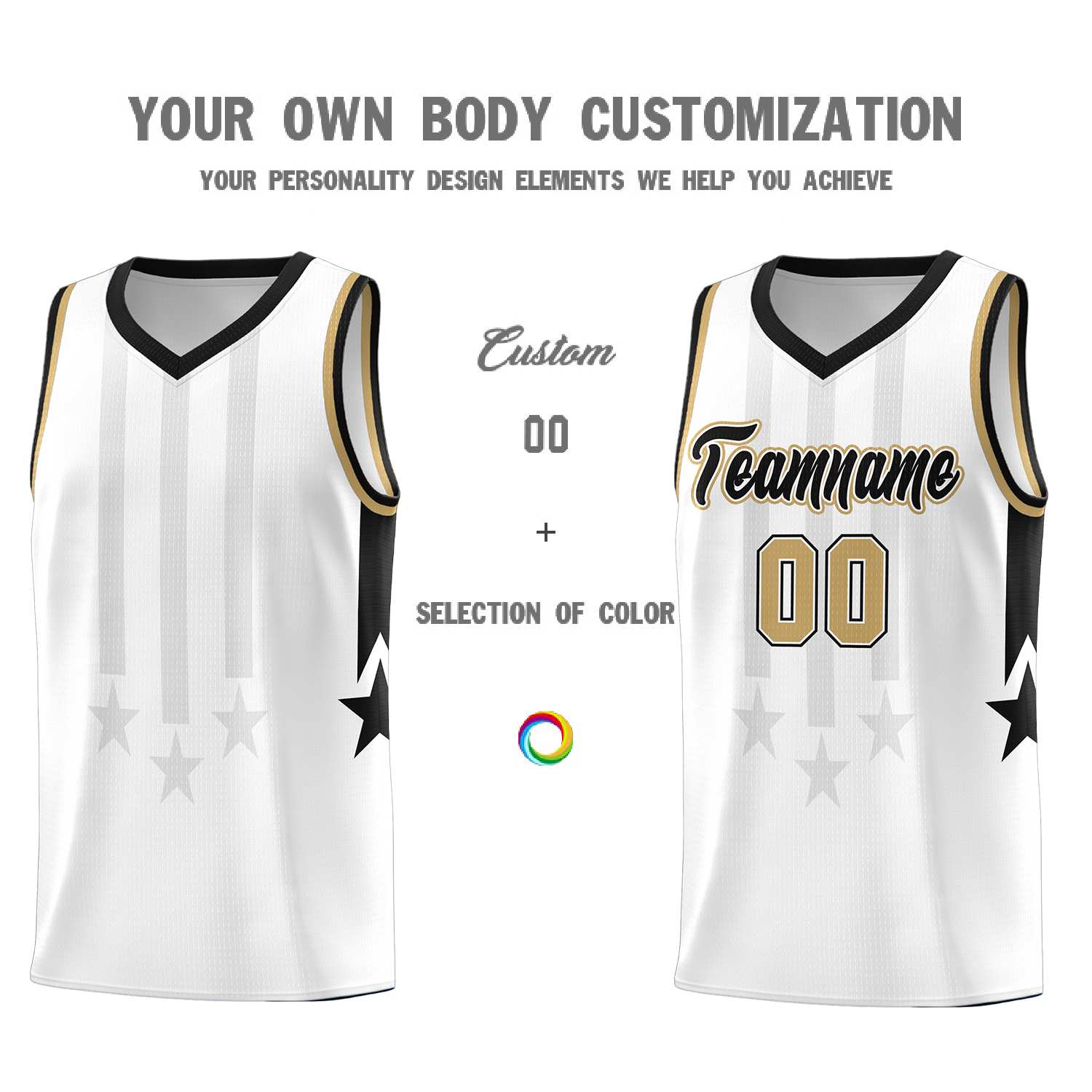 Custom White Black and Old Gold Gradient Star Graffiti Pattern Sports Uniform Basketball Jersey