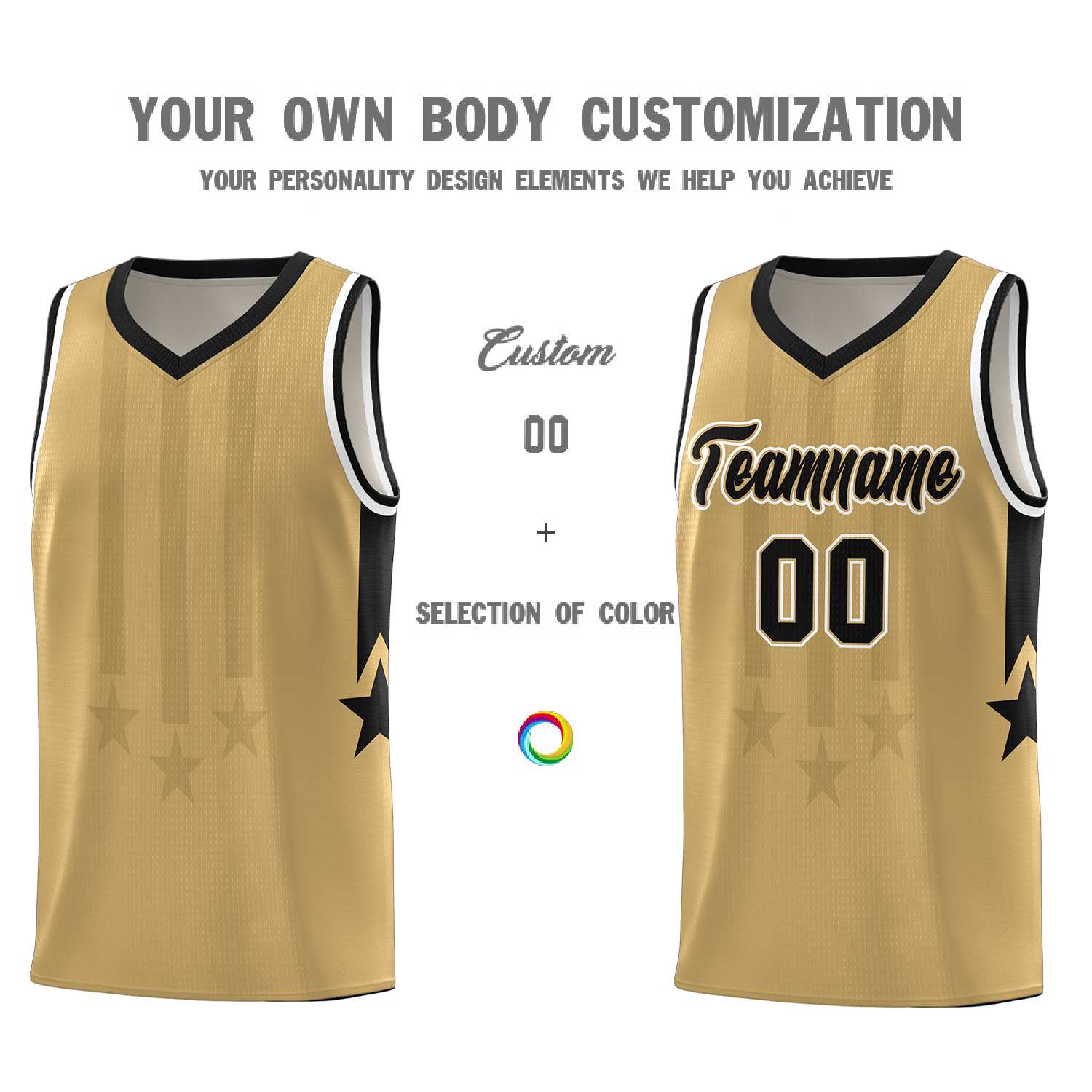Custom Old Gold Black and White Gradient Star Graffiti Pattern Sports Uniform Basketball Jersey