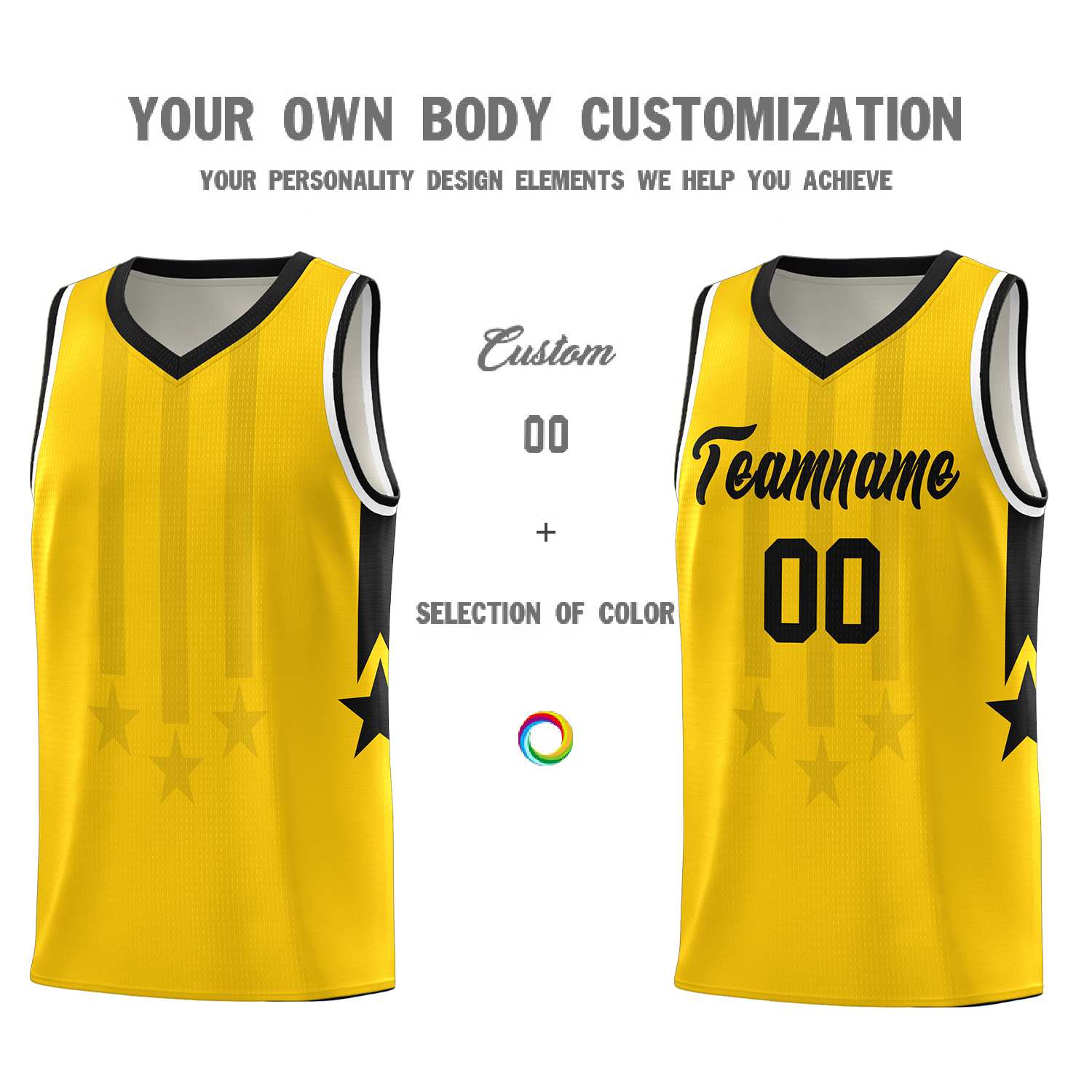 Custom Gold Black and White Gradient Star Graffiti Pattern Sports Uniform Basketball Jersey