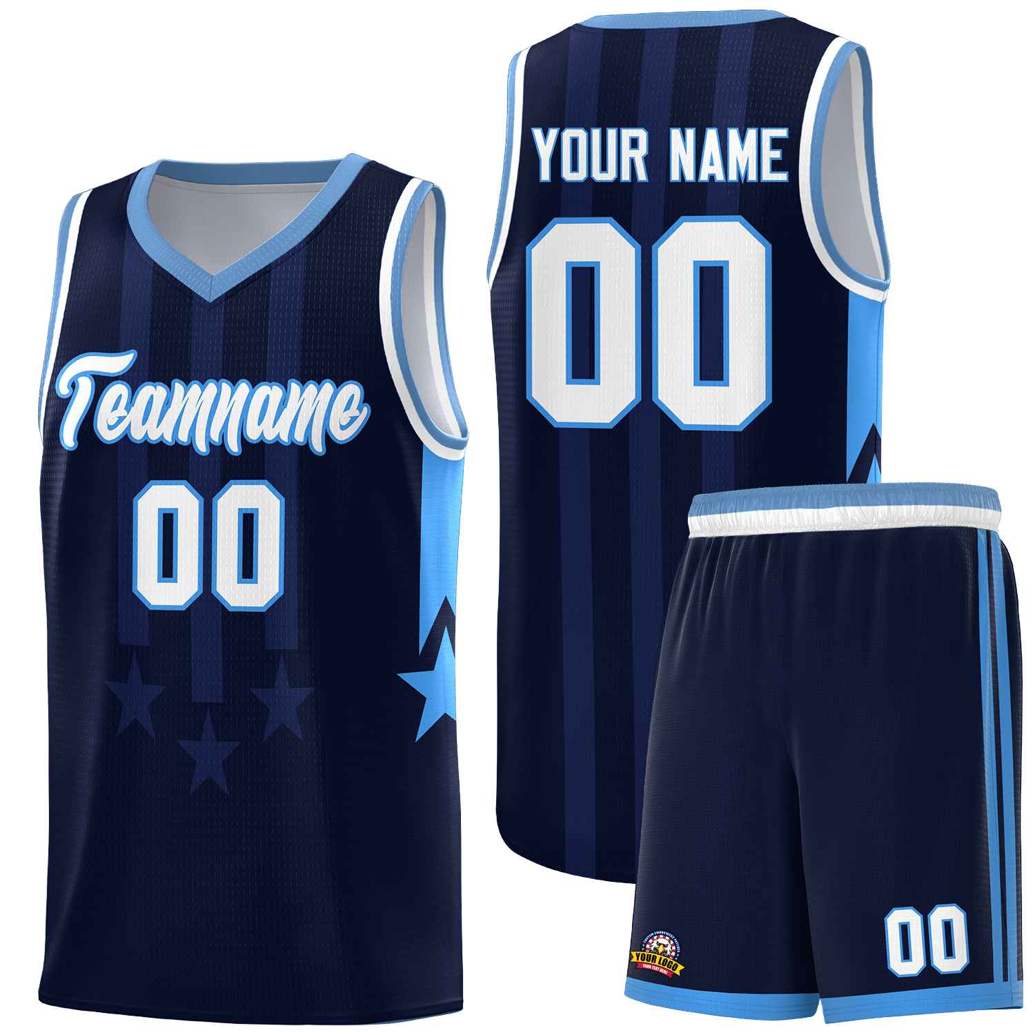 Custom Navy Light Blue and White Gradient Star Graffiti Pattern Sports Uniform Basketball Jersey