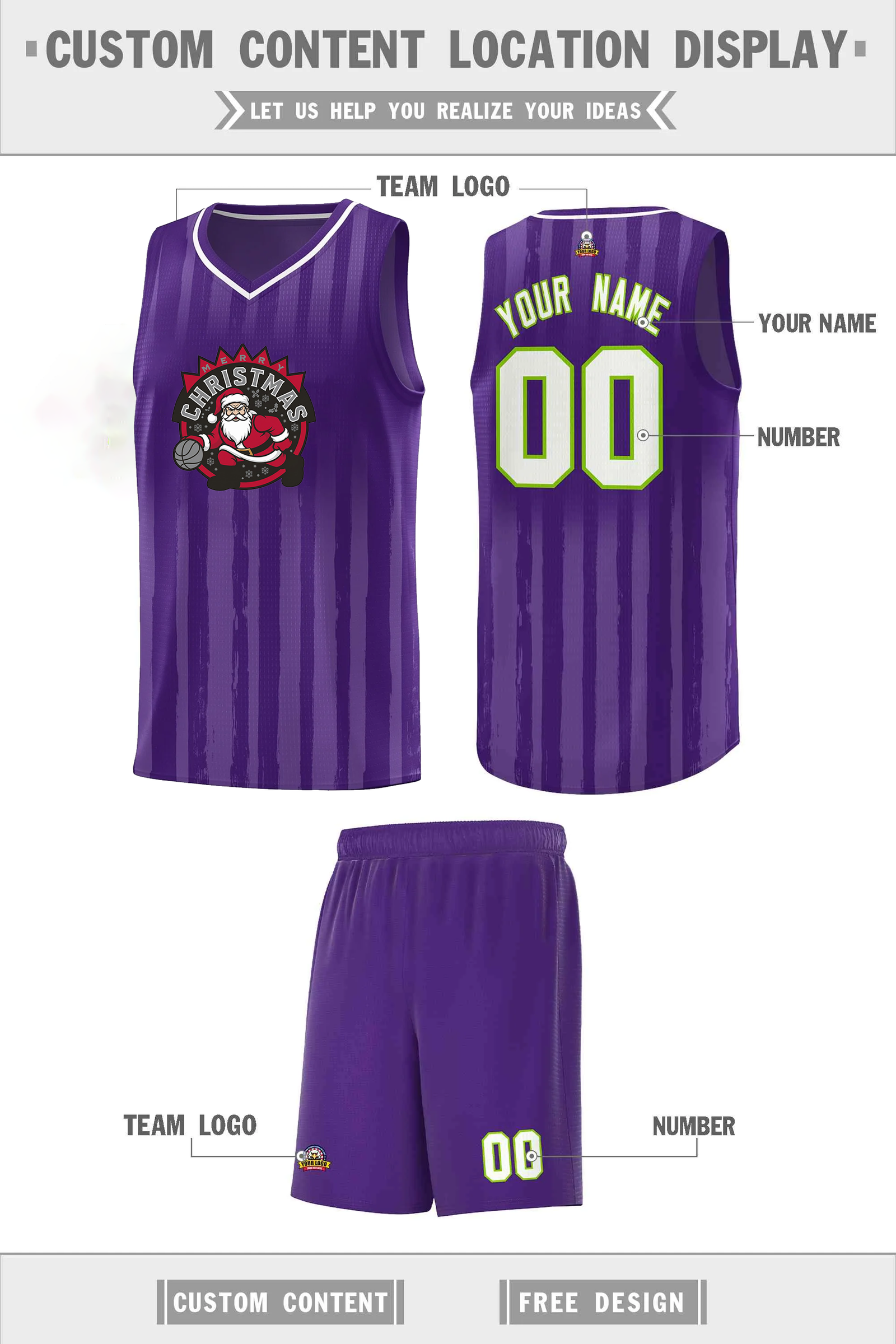 Custom Christmas Toronto Purple White Vertical Striped Pattern Sports Uniform Basketball Jersey
