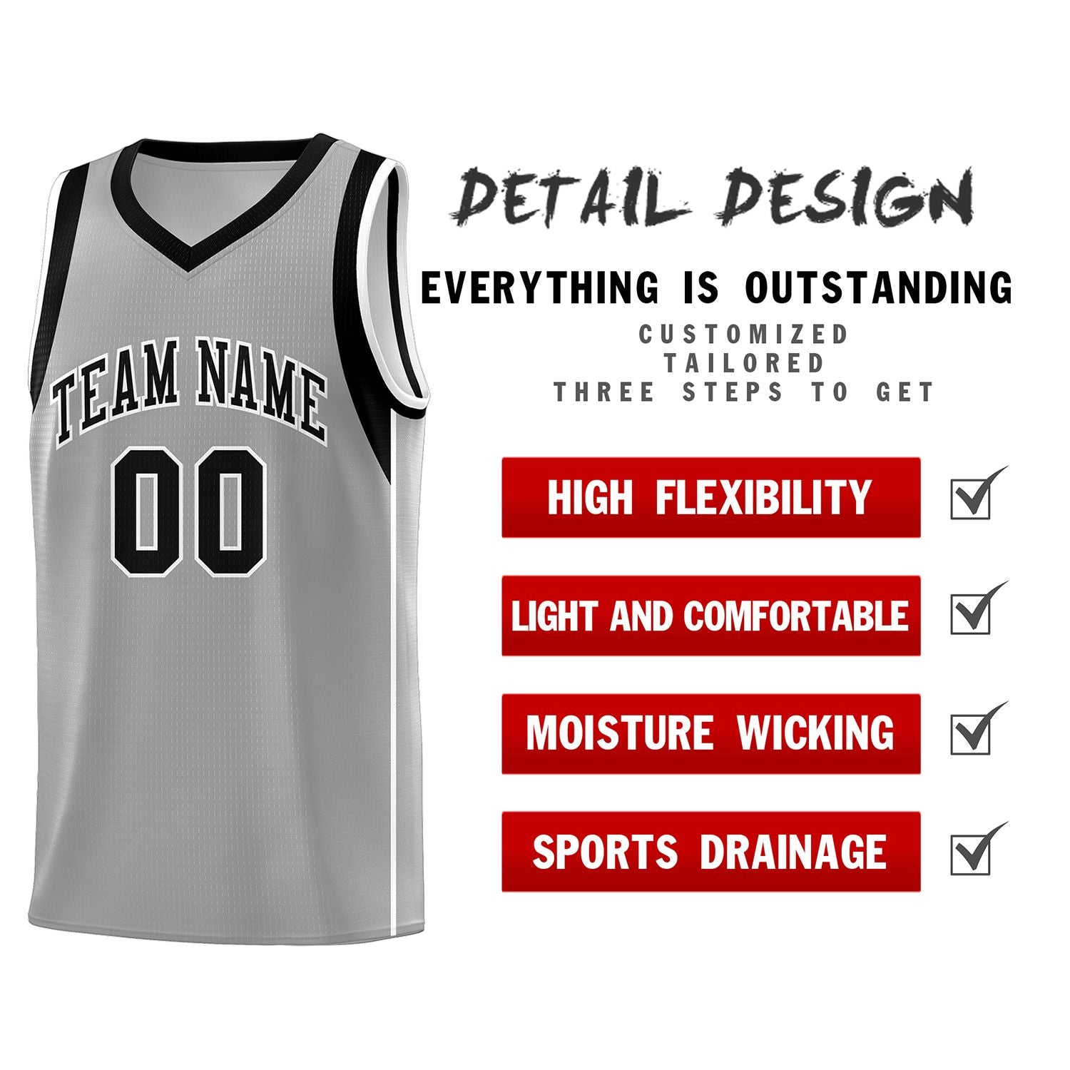 Custom Gray Black-White Sleeve Color Blocking Classic Sets Sports Uniform Basketball Jersey