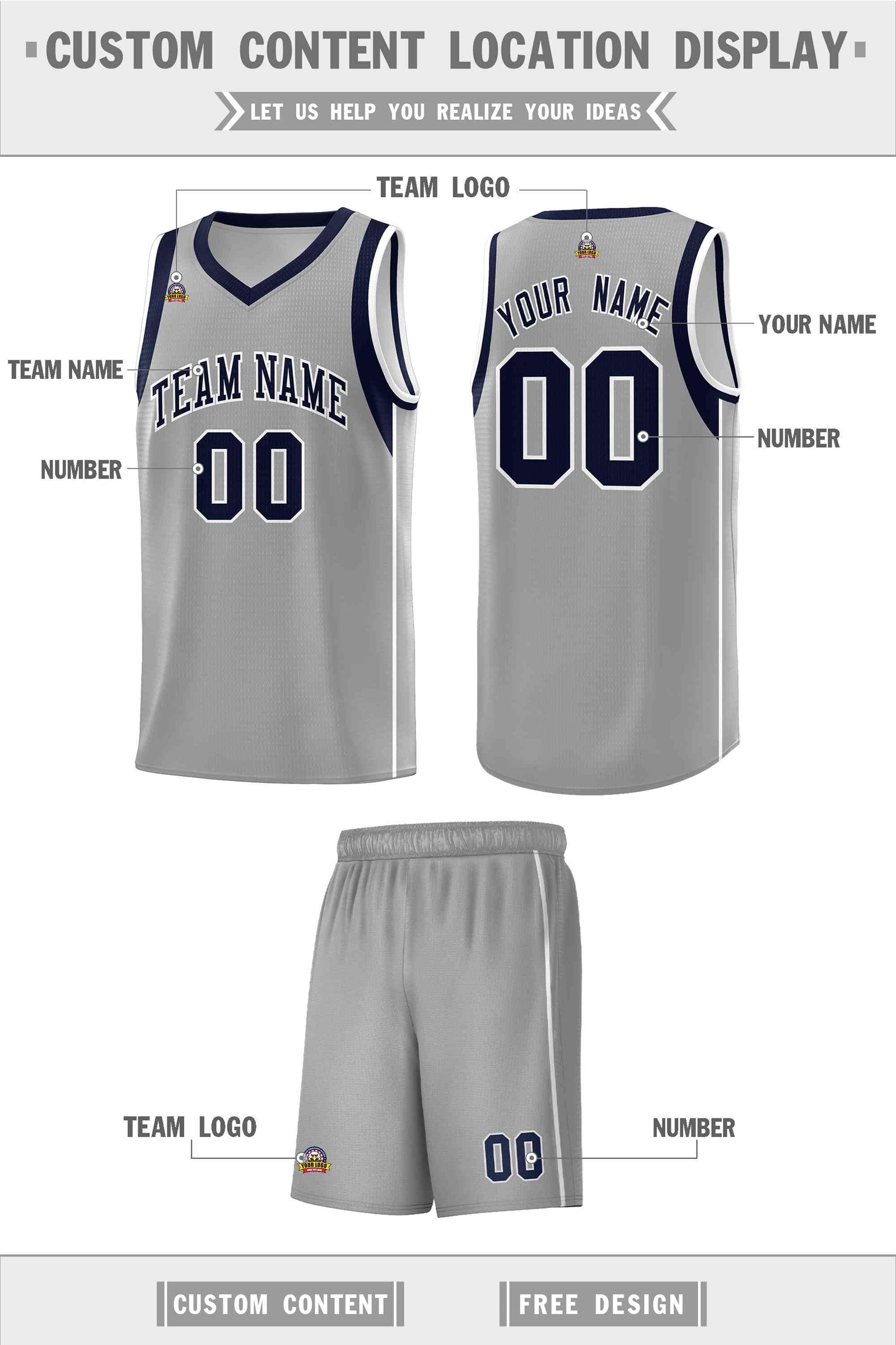 Custom Gray Navy-White Sleeve Color Blocking Classic Sets Sports Uniform Basketball Jersey