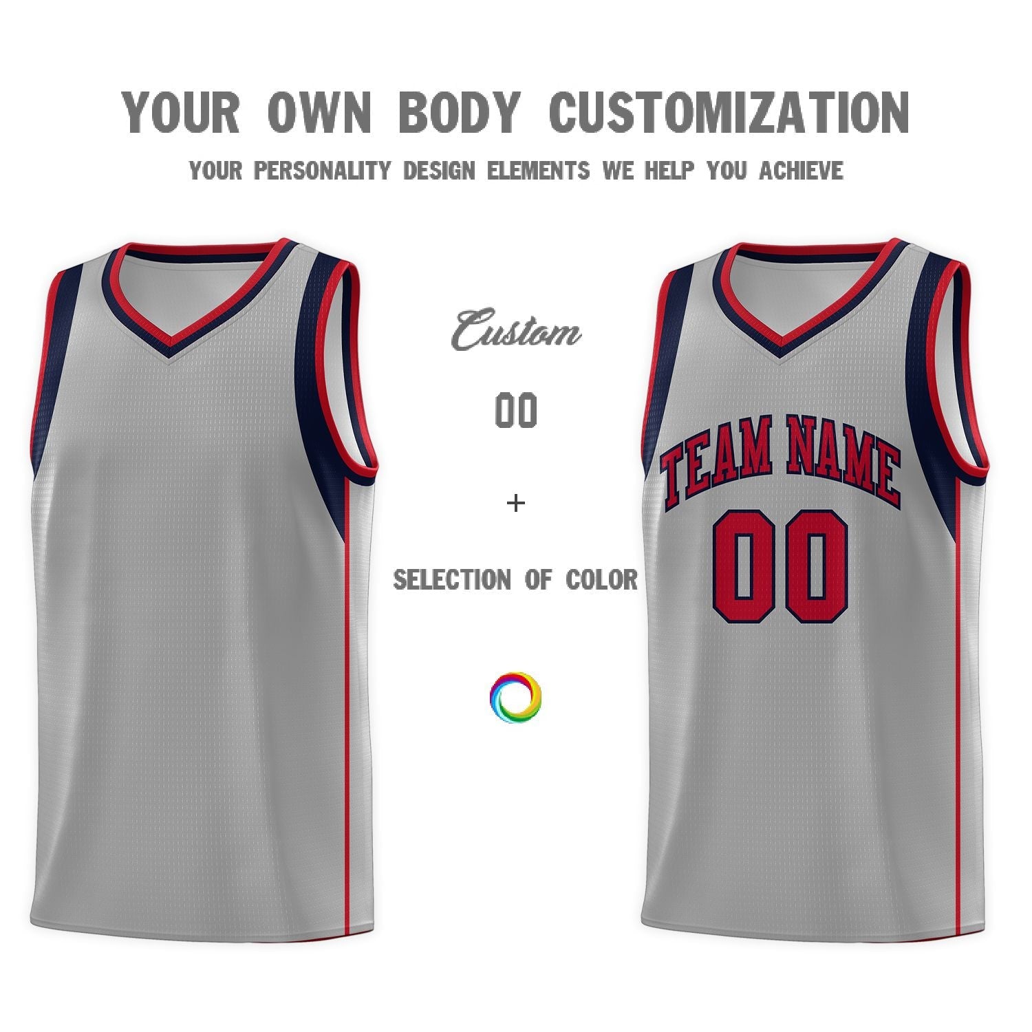 Custom Gray Navy-Red Sleeve Color Blocking Classic Sets Sports Uniform Basketball Jersey