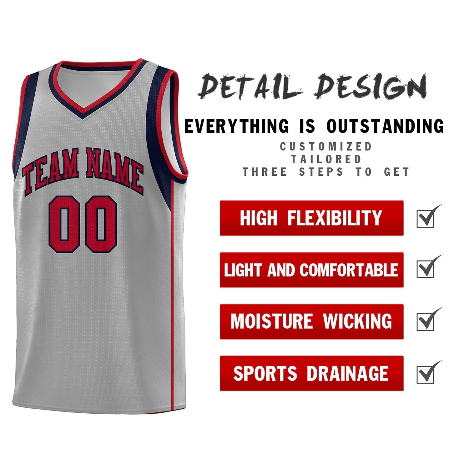 Custom Gray Navy-Red Sleeve Color Blocking Classic Sets Sports Uniform Basketball Jersey