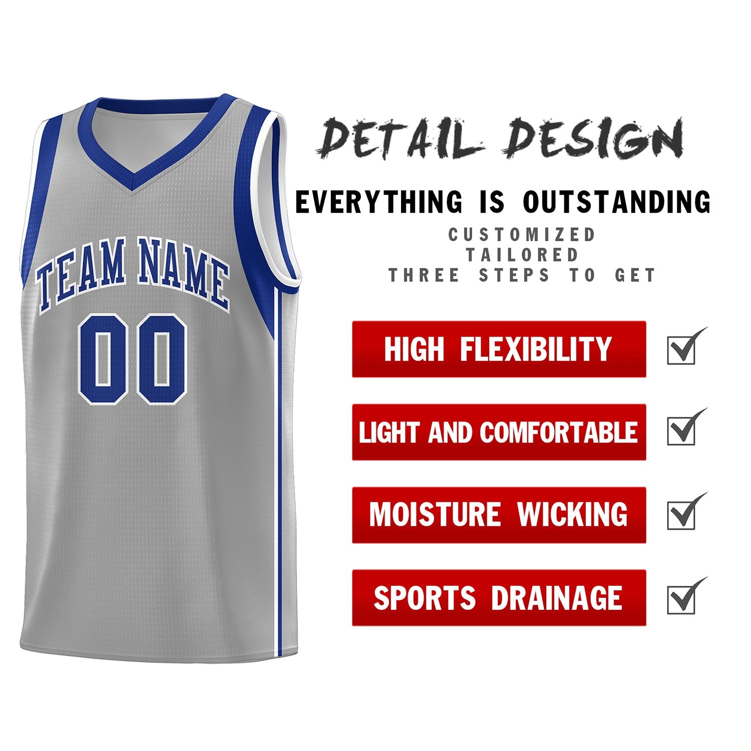 Custom Gray Royal-White Sleeve Color Blocking Classic Sets Sports Uniform Basketball Jersey