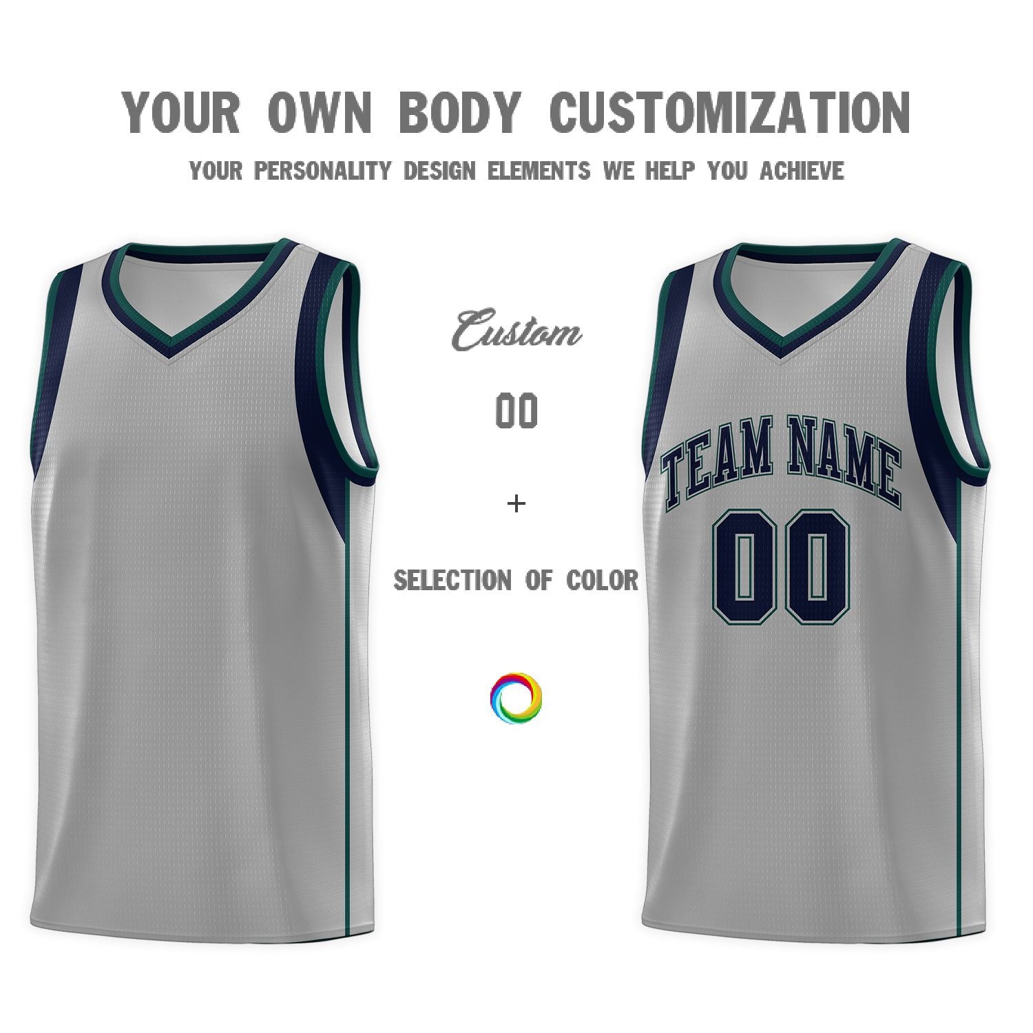 Custom Gray Navy-Green Sleeve Color Blocking Classic Sets Sports Uniform Basketball Jersey