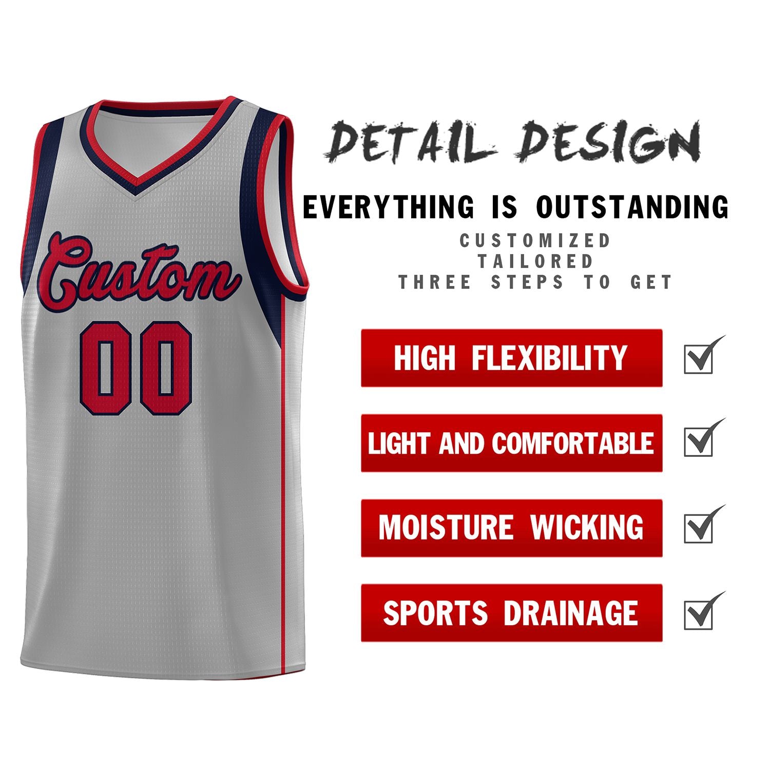 Custom Gray Navy-Red Sleeve Color Blocking Classic Sets Sports Uniform Basketball Jersey