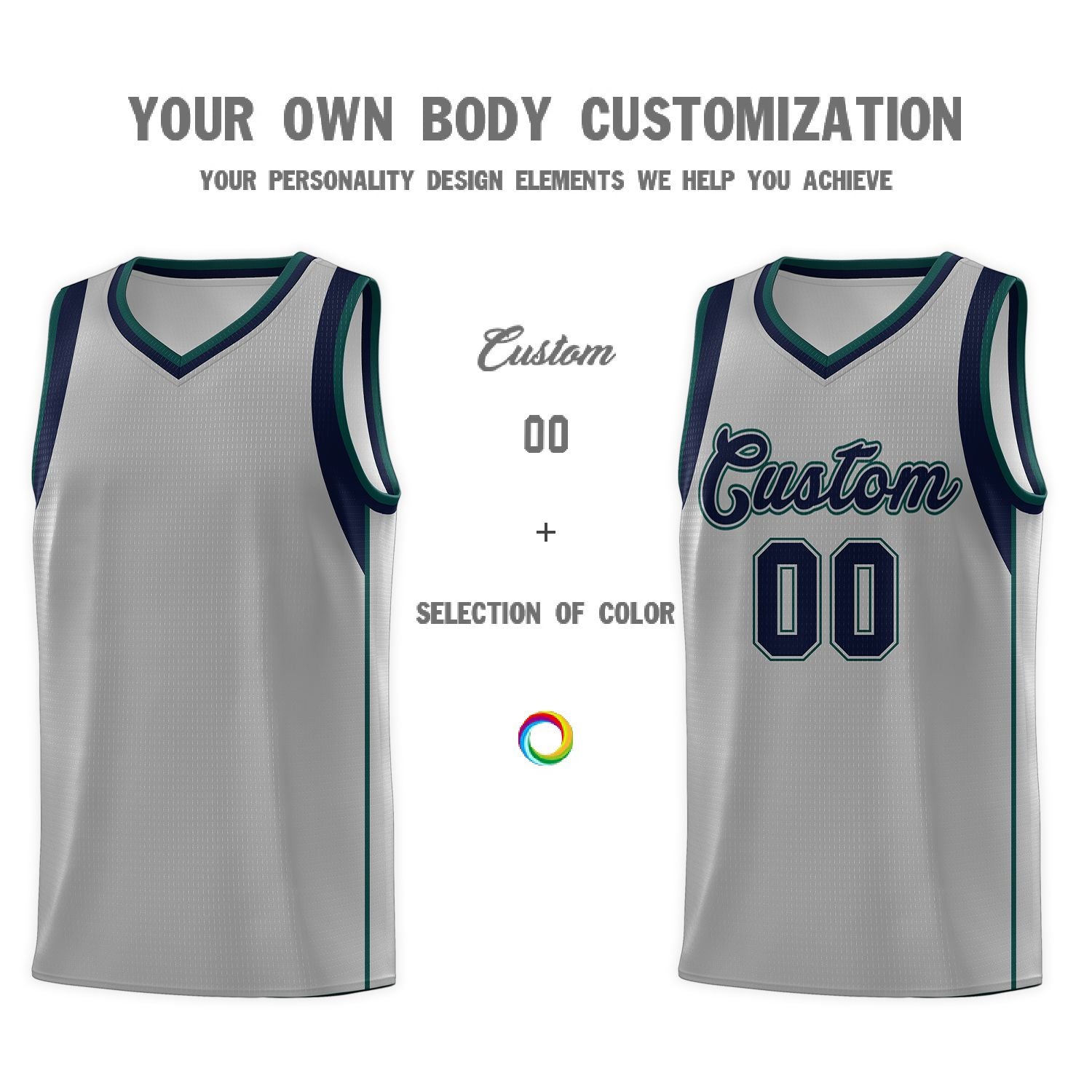 Custom Gray Navy-Green Sleeve Color Blocking Classic Sets Sports Uniform Basketball Jersey