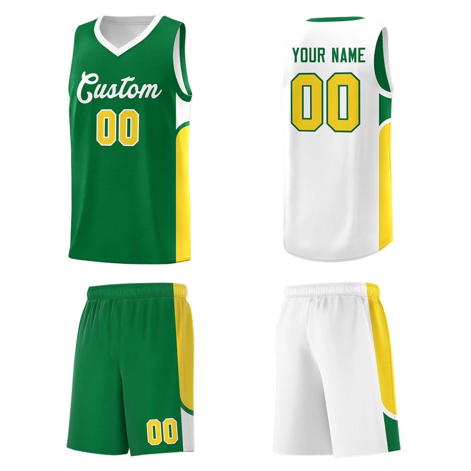 Custom Kelly Green White Side U-shaped Patttern Double Side Sports Uniform Basketball Jersey