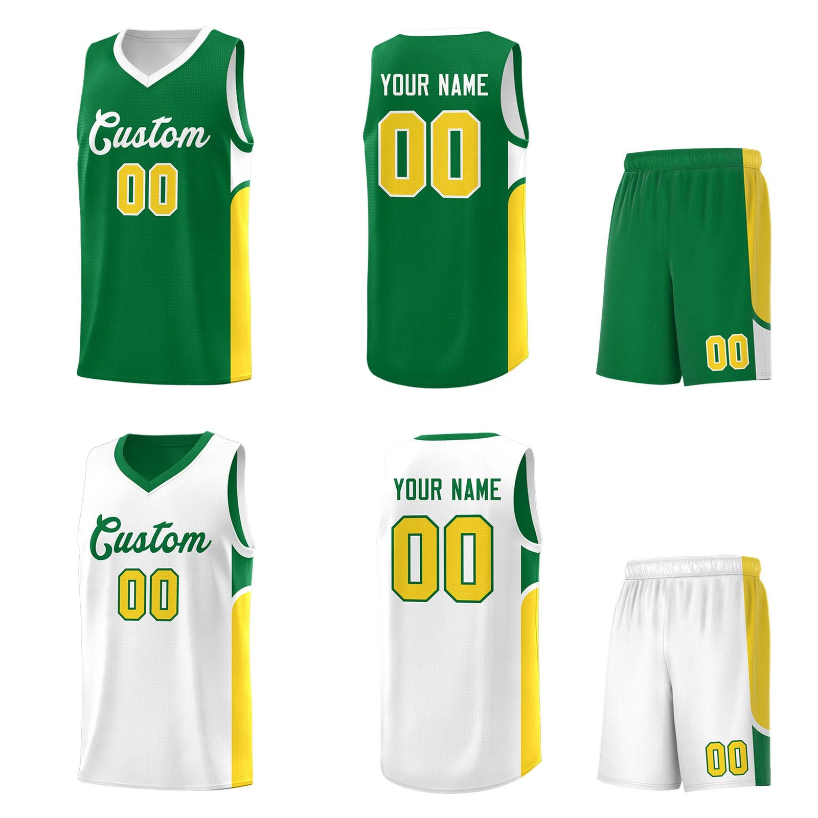 Custom Kelly Green White Side U-shaped Patttern Double Side Sports Uniform Basketball Jersey