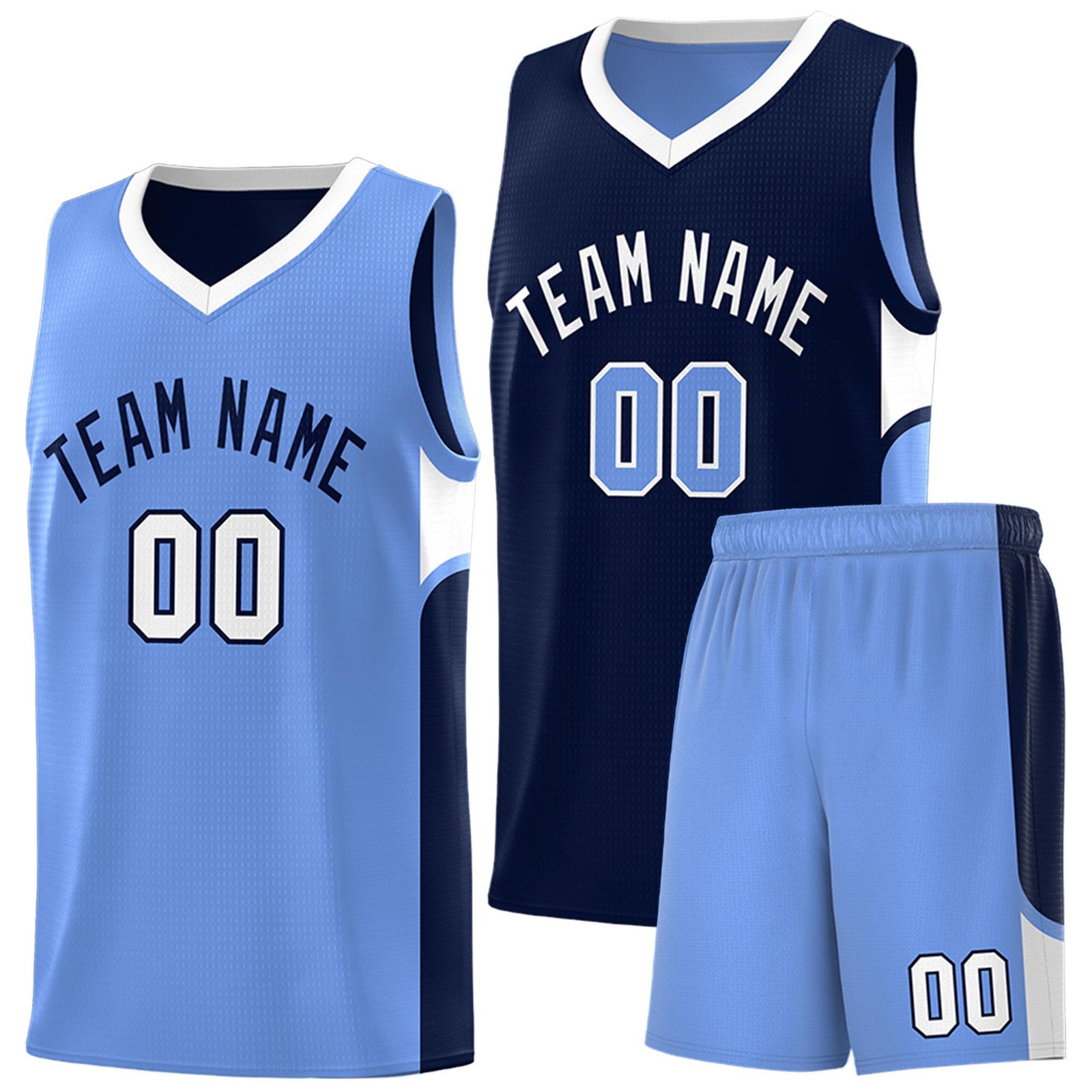 Custom Navy Light Blue Side U-shaped Patttern Double Side Sports Uniform Basketball Jersey