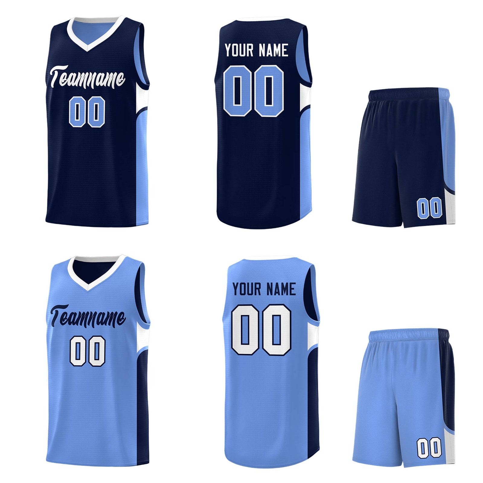 Custom Navy Light Blue Side U-shaped Patttern Double Side Sports Uniform Basketball Jersey