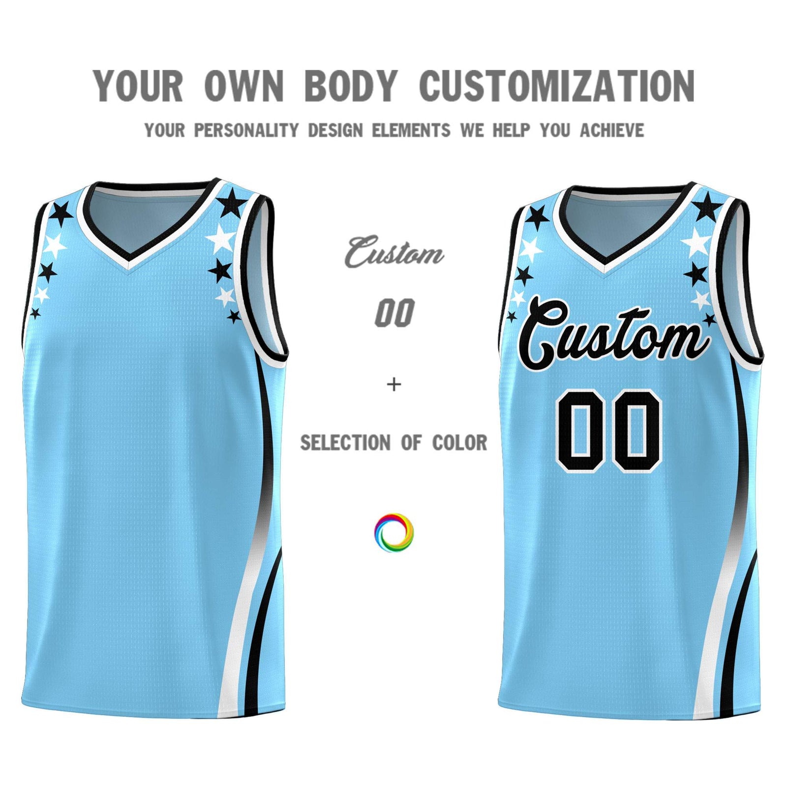 Custom Light Blue Shoulders Star Pattern Side Color Block Sports Uniform Basketball Jersey