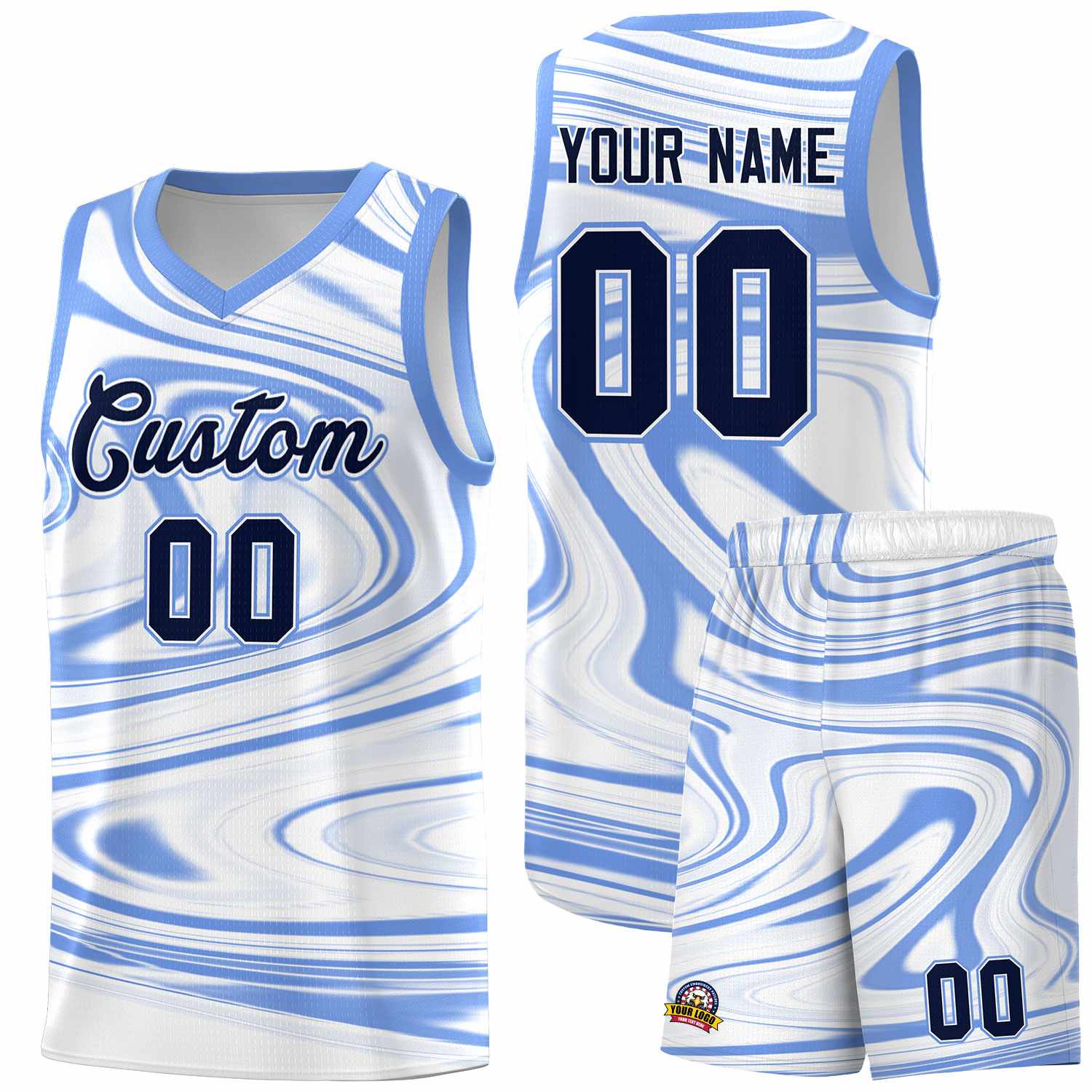 Custom White Light Blue Graffiti Pattern Fluids Style Sports Uniform Basketball Jersey Sets