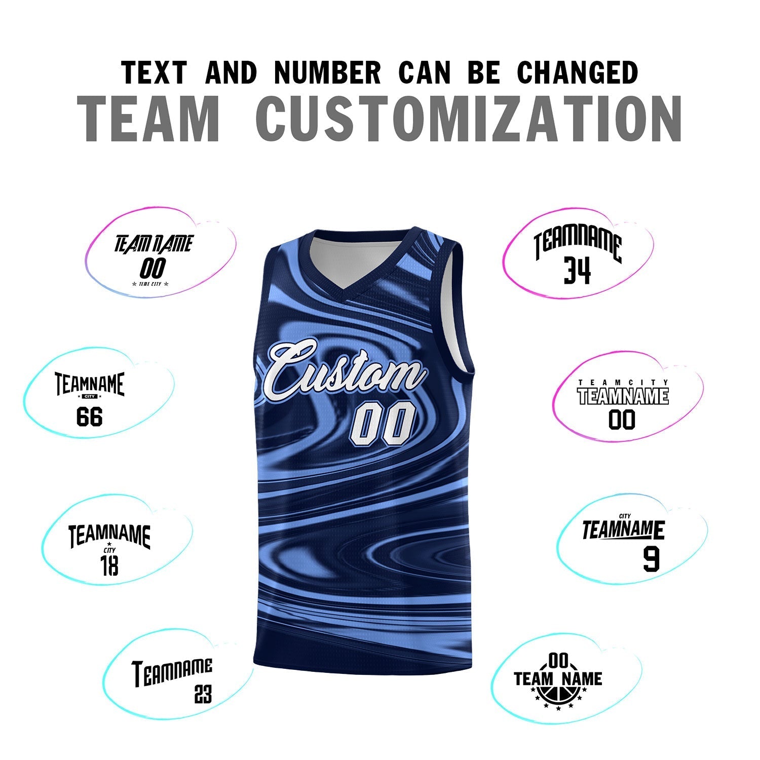 Custom Navy Light Blue Graffiti Pattern Fluids Style Sports Uniform Basketball Jersey Sets