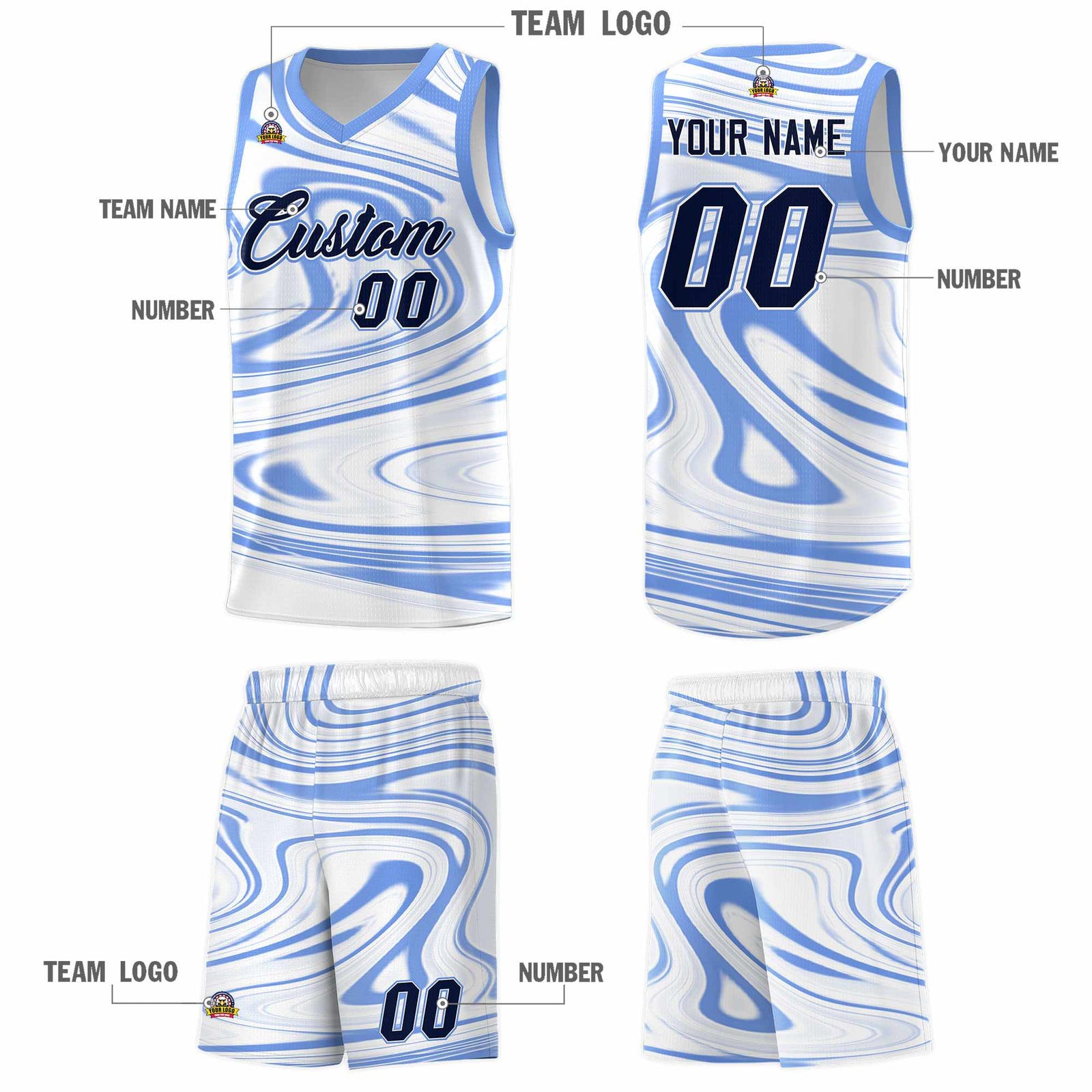 Custom White Light Blue Graffiti Pattern Fluids Style Sports Uniform Basketball Jersey Sets