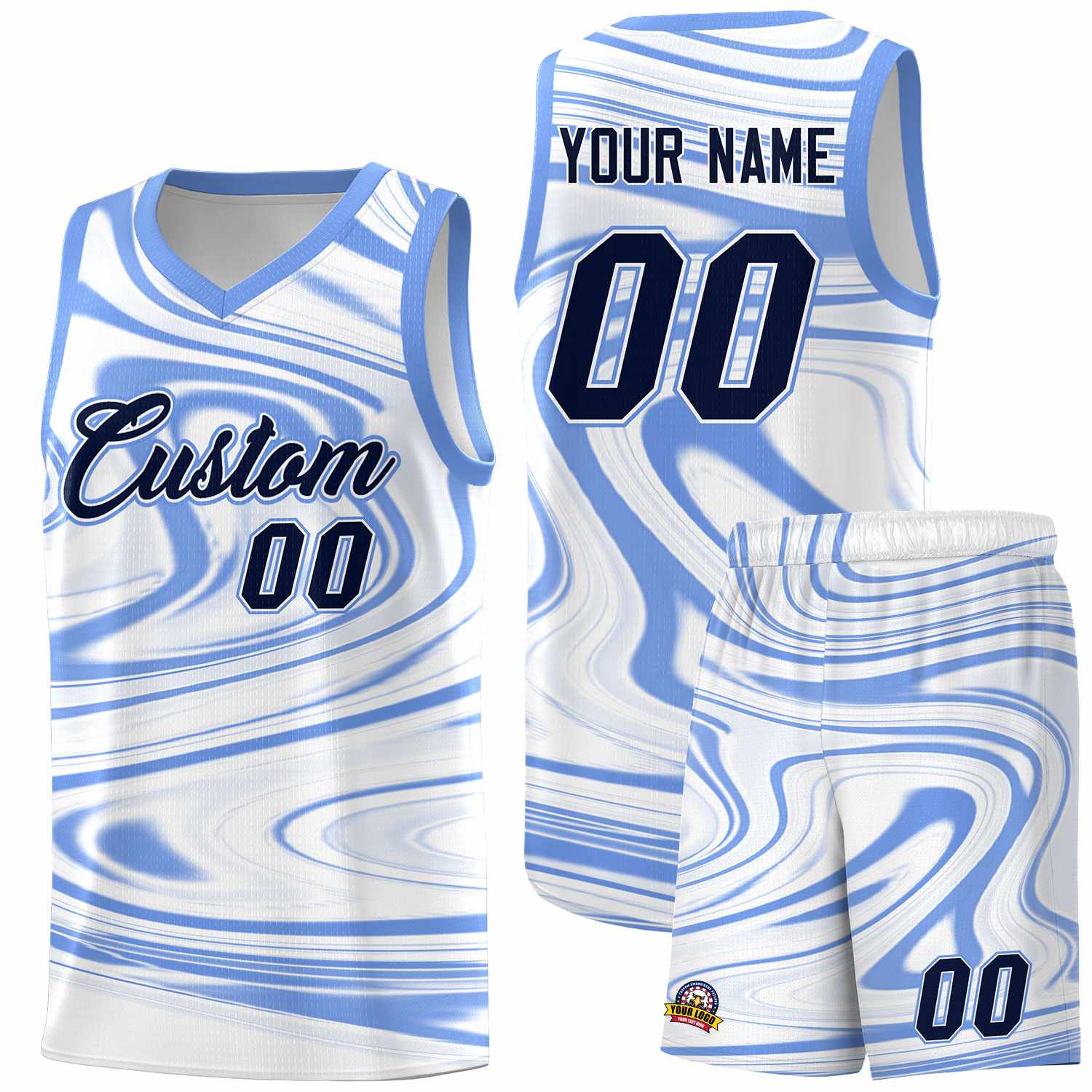 Custom White Light Blue Graffiti Pattern Fluids Style Sports Uniform Basketball Jersey Sets
