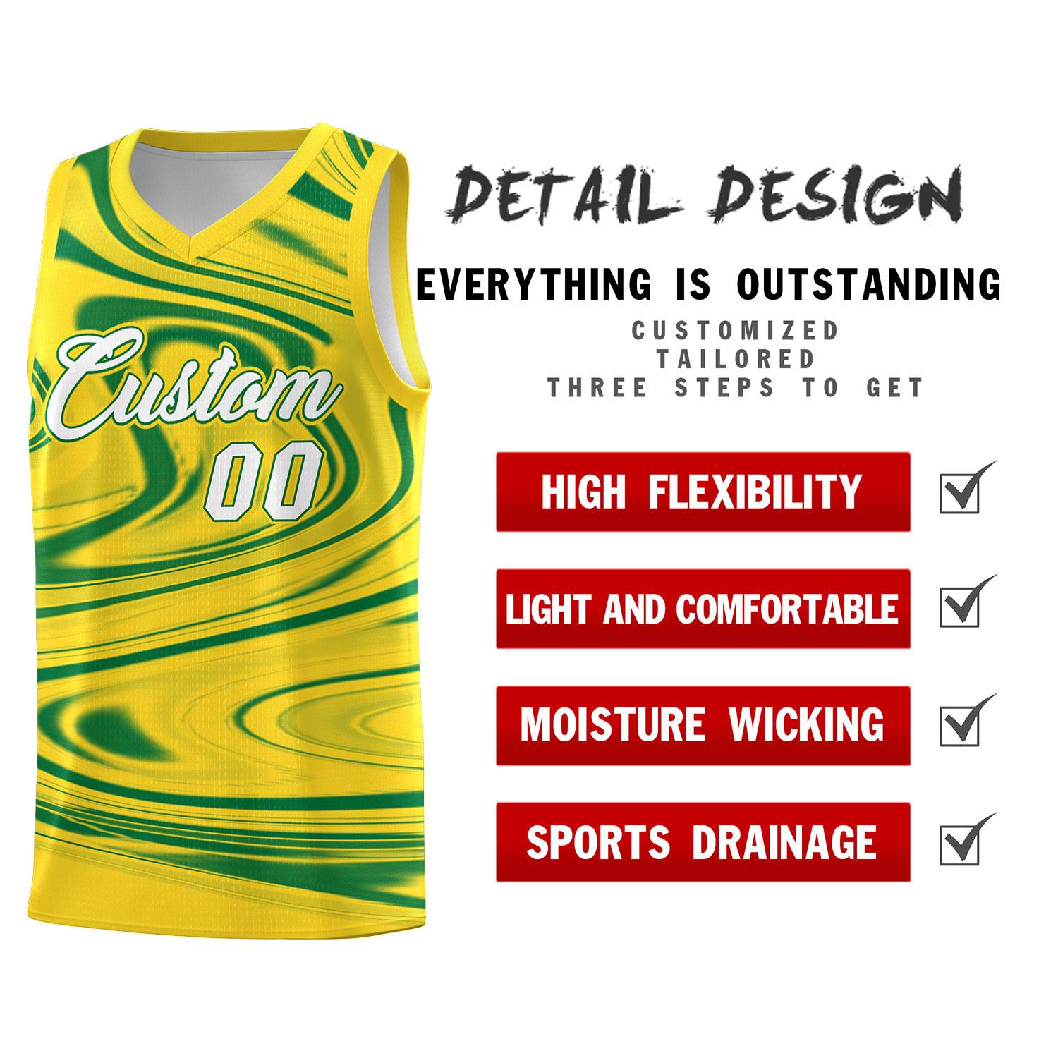 Custom Gold Kelly Green Graffiti Pattern Fluids Style Sports Uniform Basketball Jersey Sets