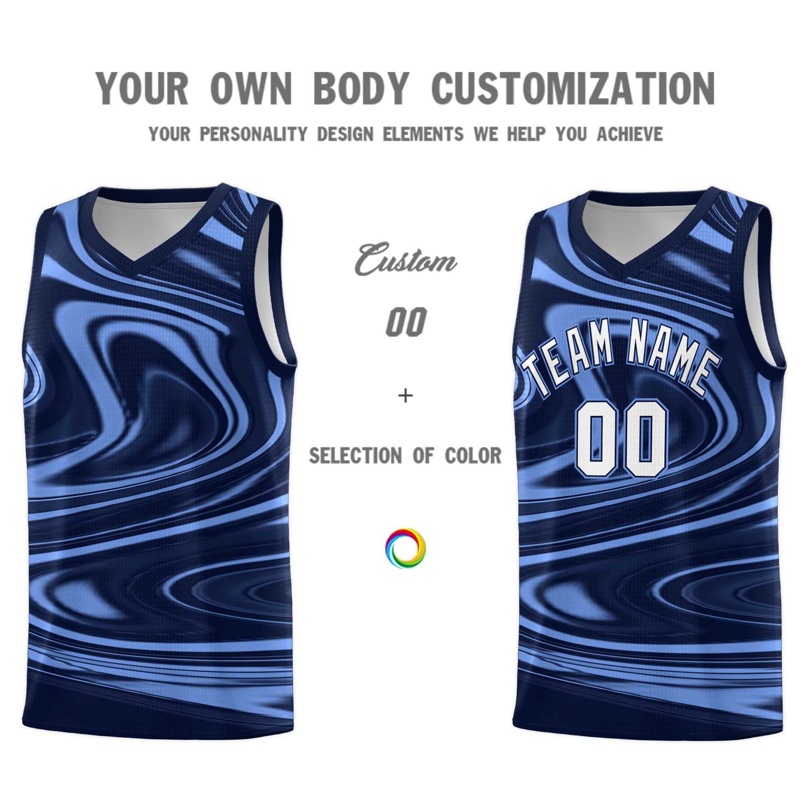 Custom Navy Light Blue Graffiti Pattern Fluids Style Sports Uniform Basketball Jersey Sets