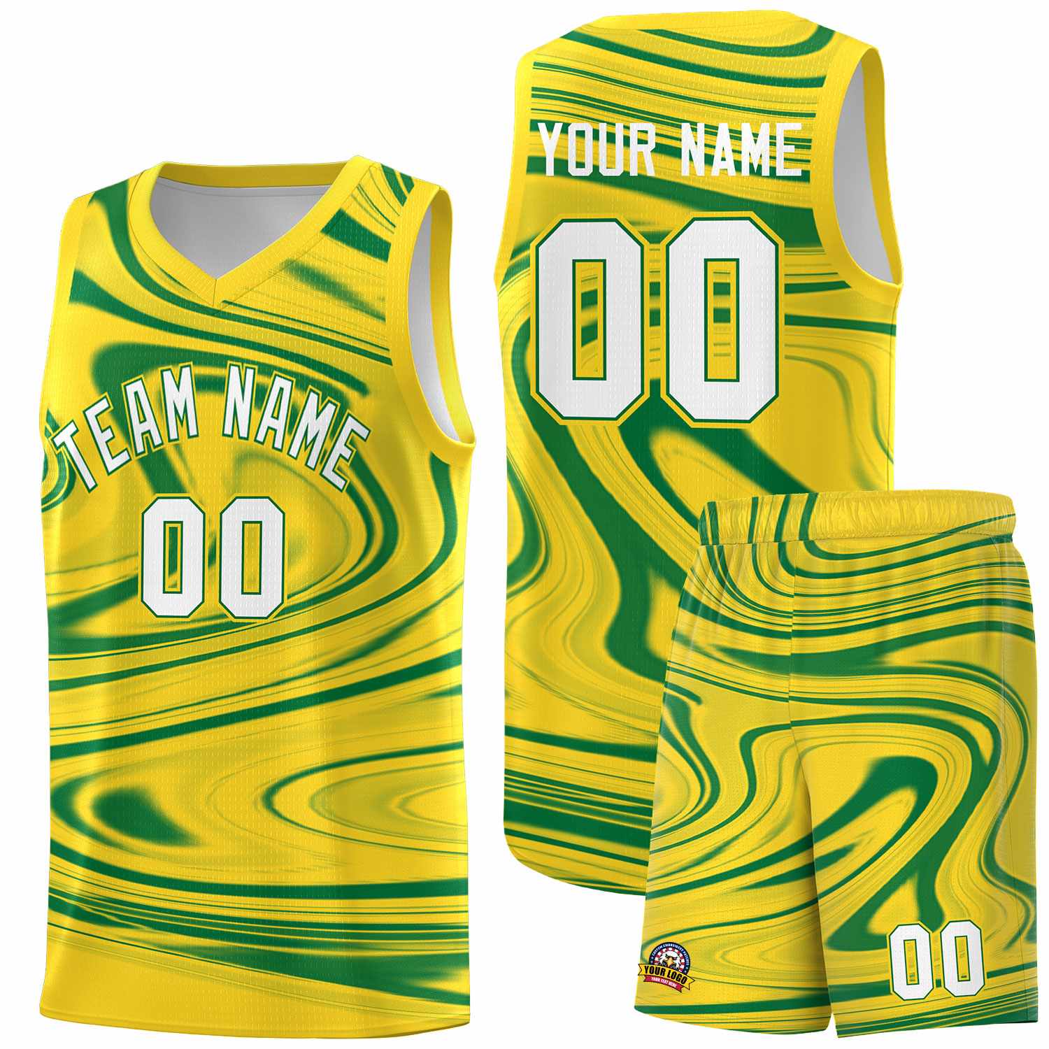 Custom Gold Kelly Green Graffiti Pattern Fluids Style Sports Uniform Basketball Jersey Sets