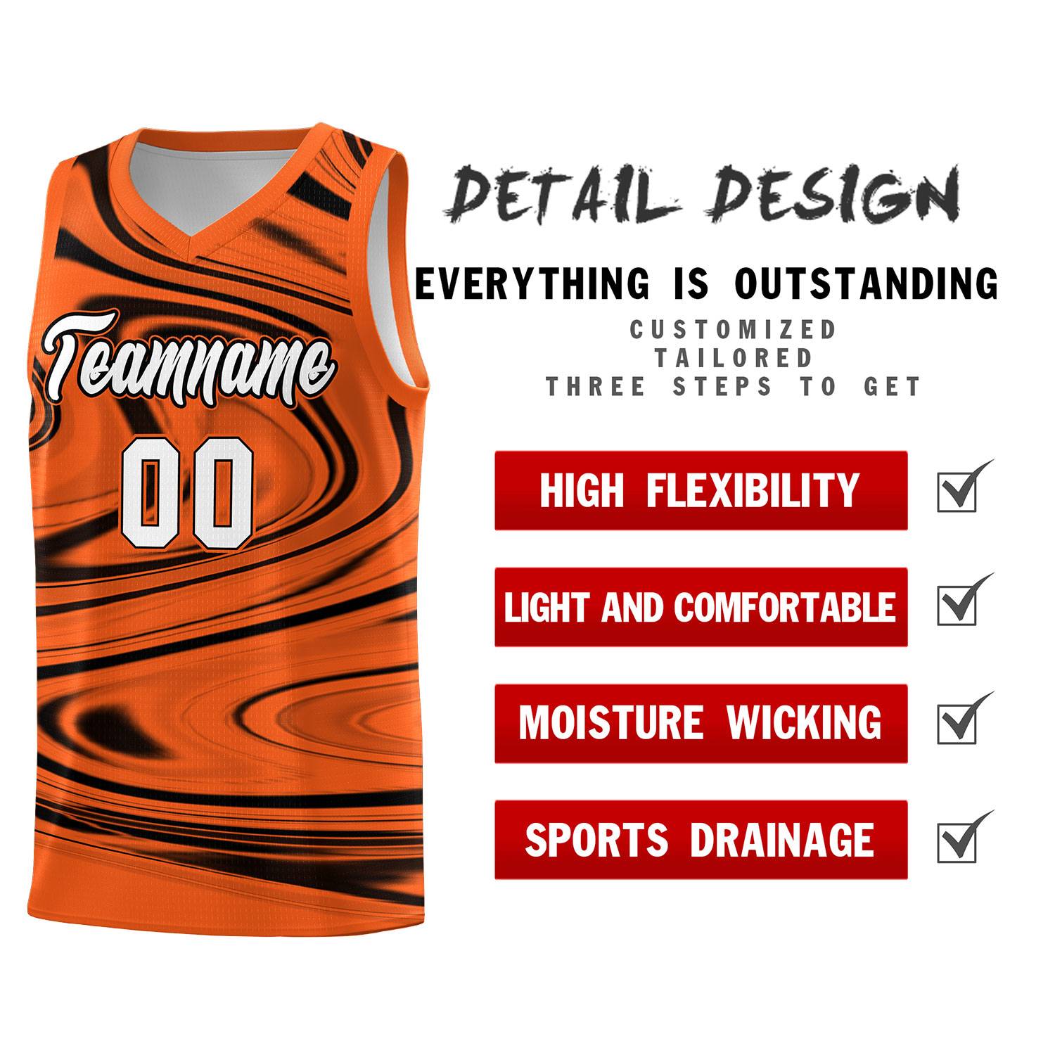 Custom Orange Black Graffiti Pattern Fluids Style Sports Uniform Basketball Jersey Sets