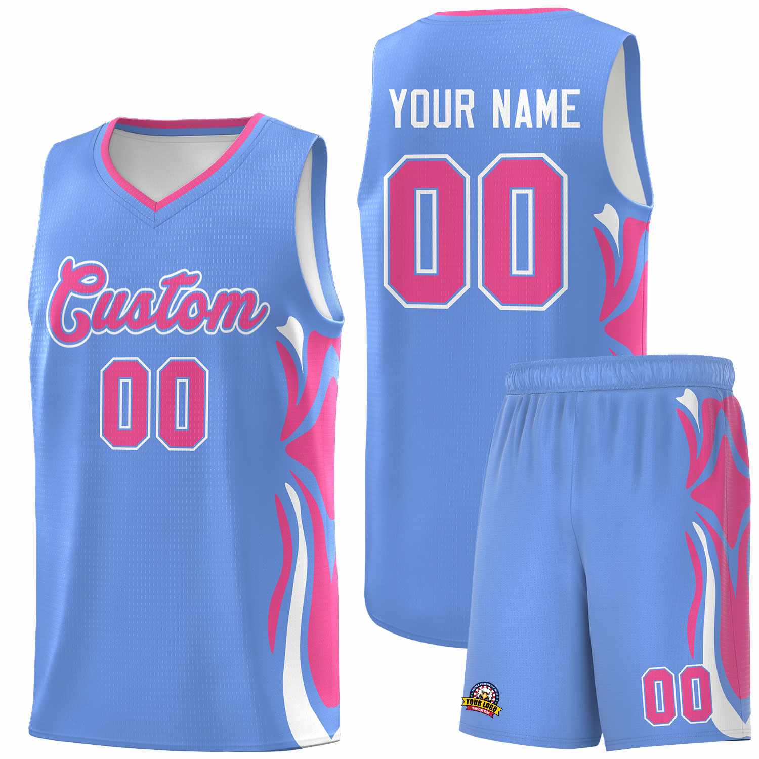 Custom Light Blue Pink-White Graffiti Pattern Side Curve Pattern Sports Uniform Basketball Jersey Sets