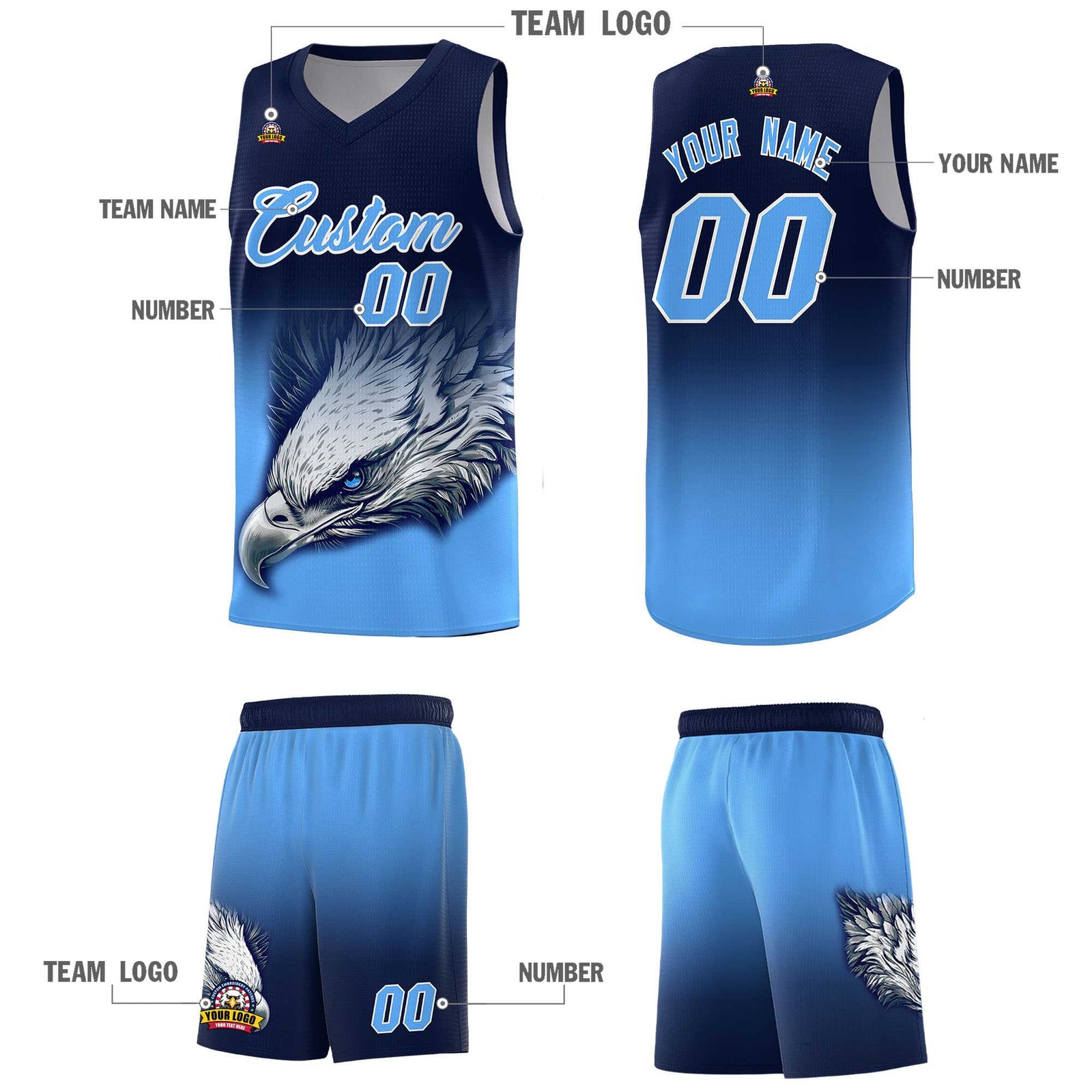 Custom Navy Powder Blue Eagle Pattern Graffiti Pattern Sports Uniform Basketball Jersey