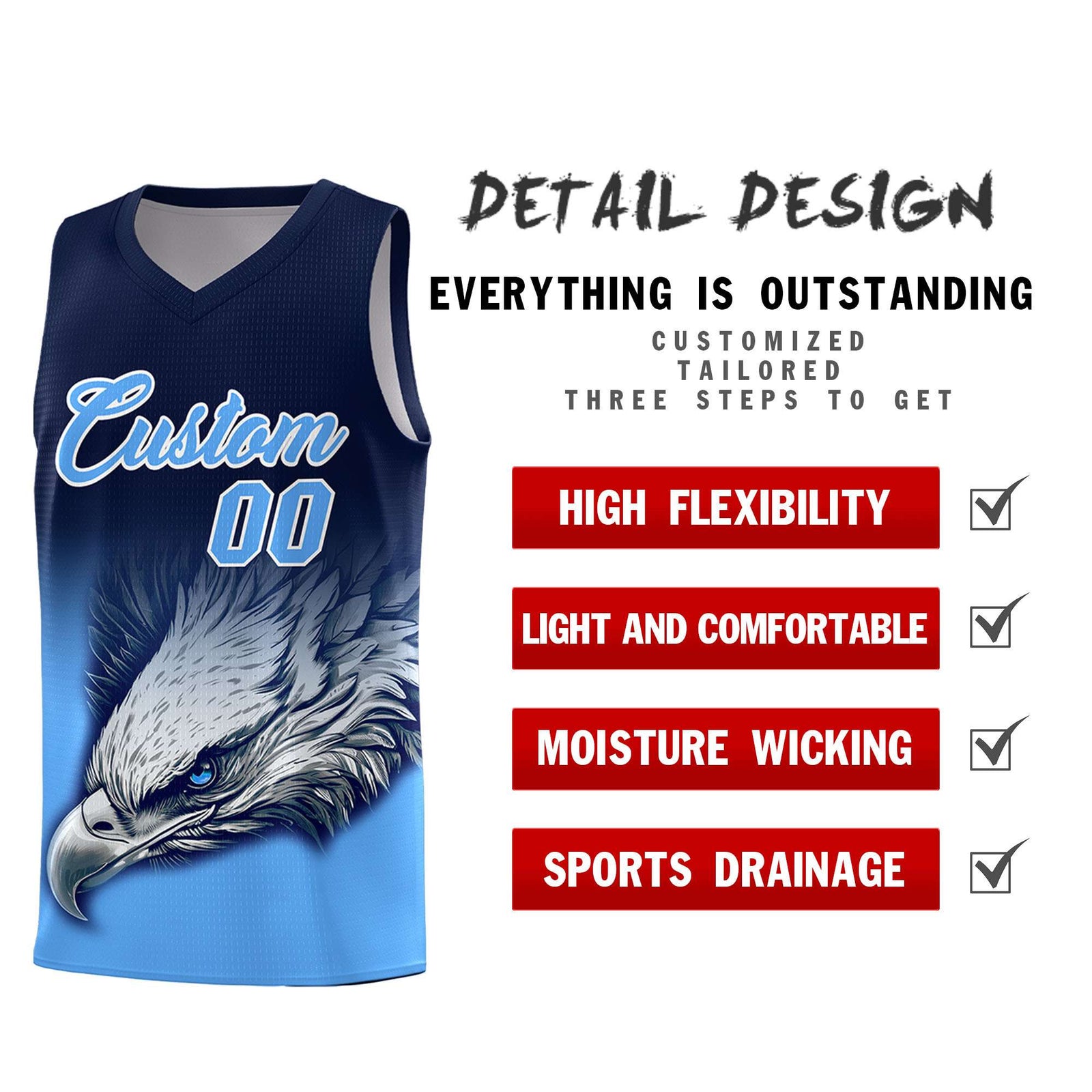 Custom Navy Powder Blue Eagle Pattern Graffiti Pattern Sports Uniform Basketball Jersey