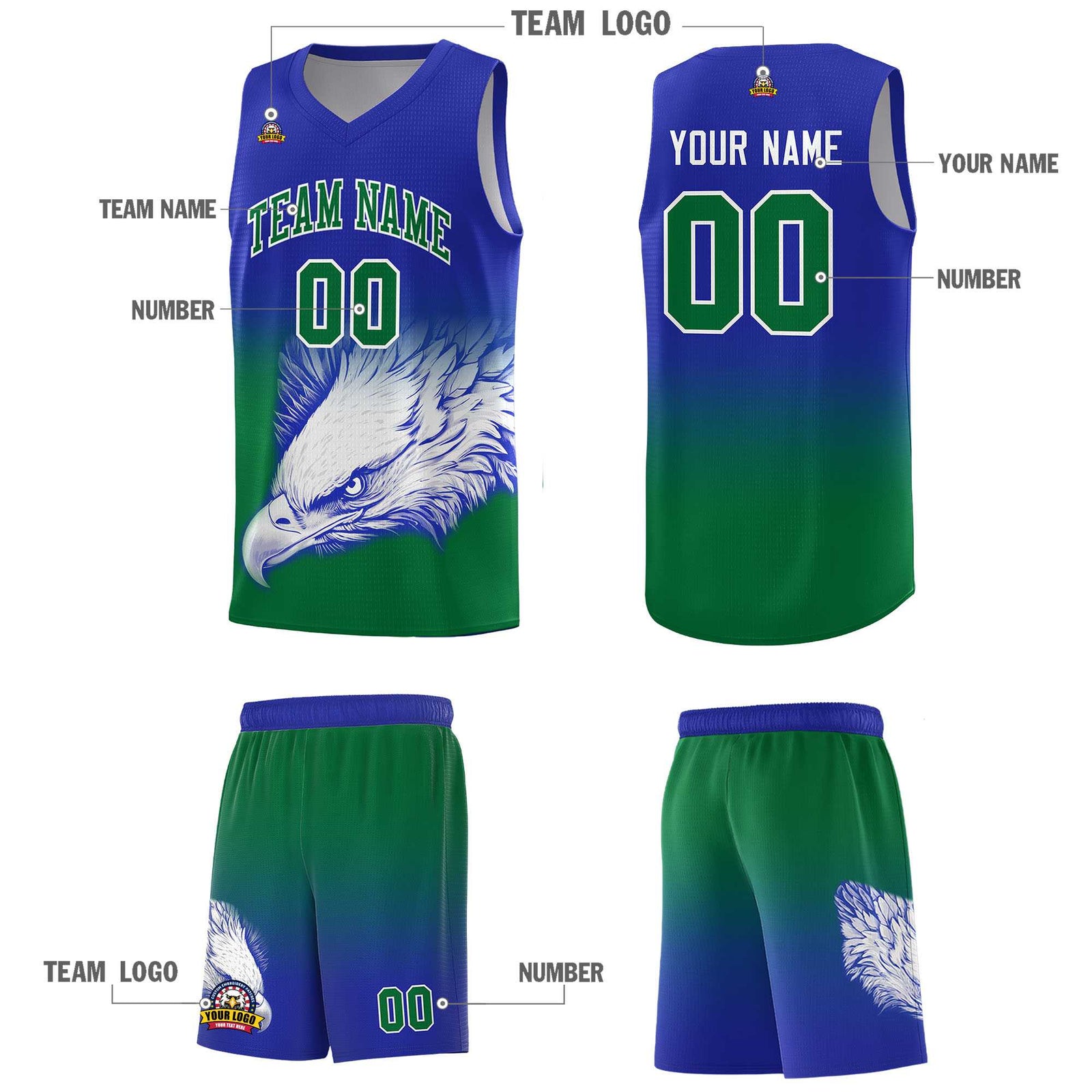 Custom Royal Kelly Green Eagle Pattern Graffiti Pattern Sports Uniform Basketball Jersey
