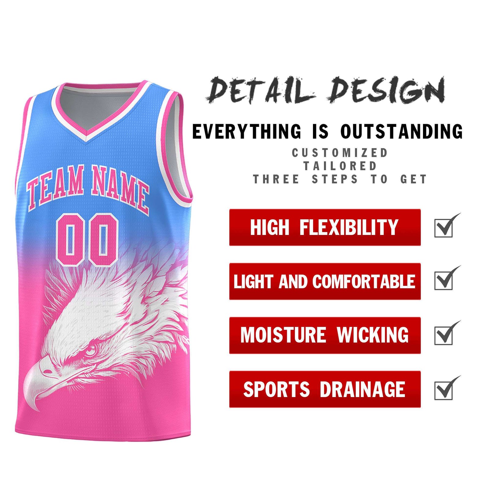 Custom Powder Blue Pink Eagle Pattern Graffiti Pattern Sports Uniform Basketball Jersey