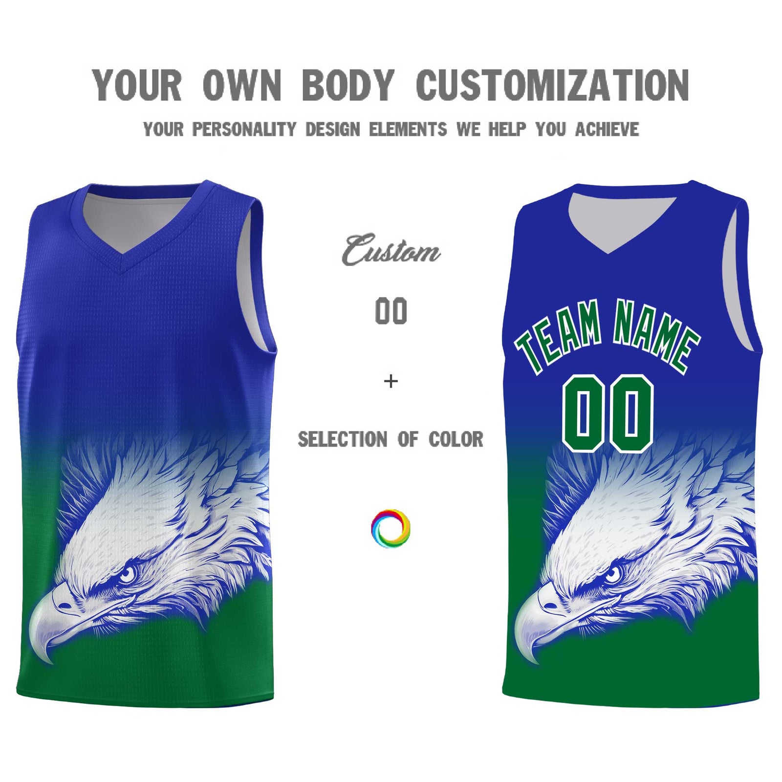 Custom Royal Kelly Green Eagle Pattern Graffiti Pattern Sports Uniform Basketball Jersey