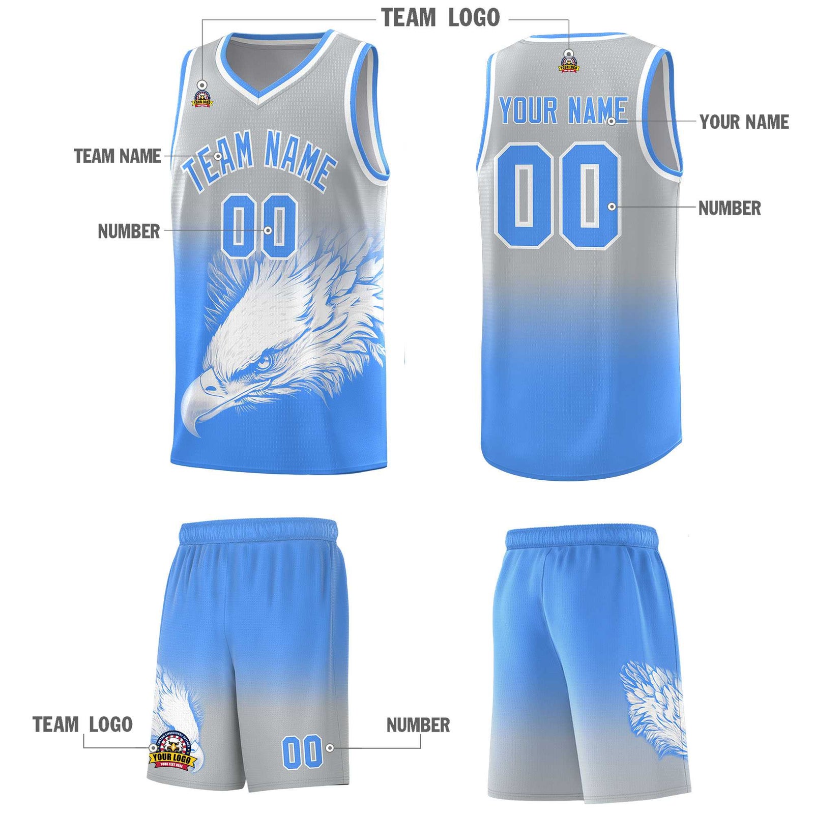 Custom Gray Powder Blue Eagle Pattern Graffiti Pattern Sports Uniform Basketball Jersey