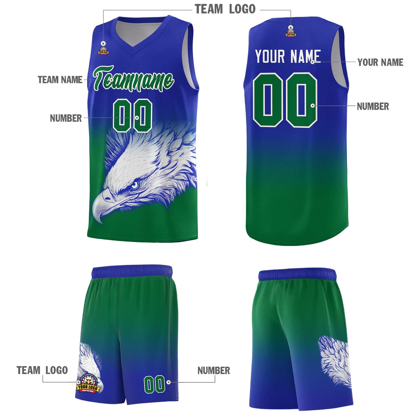 Custom Royal Kelly Green Eagle Pattern Graffiti Pattern Sports Uniform Basketball Jersey