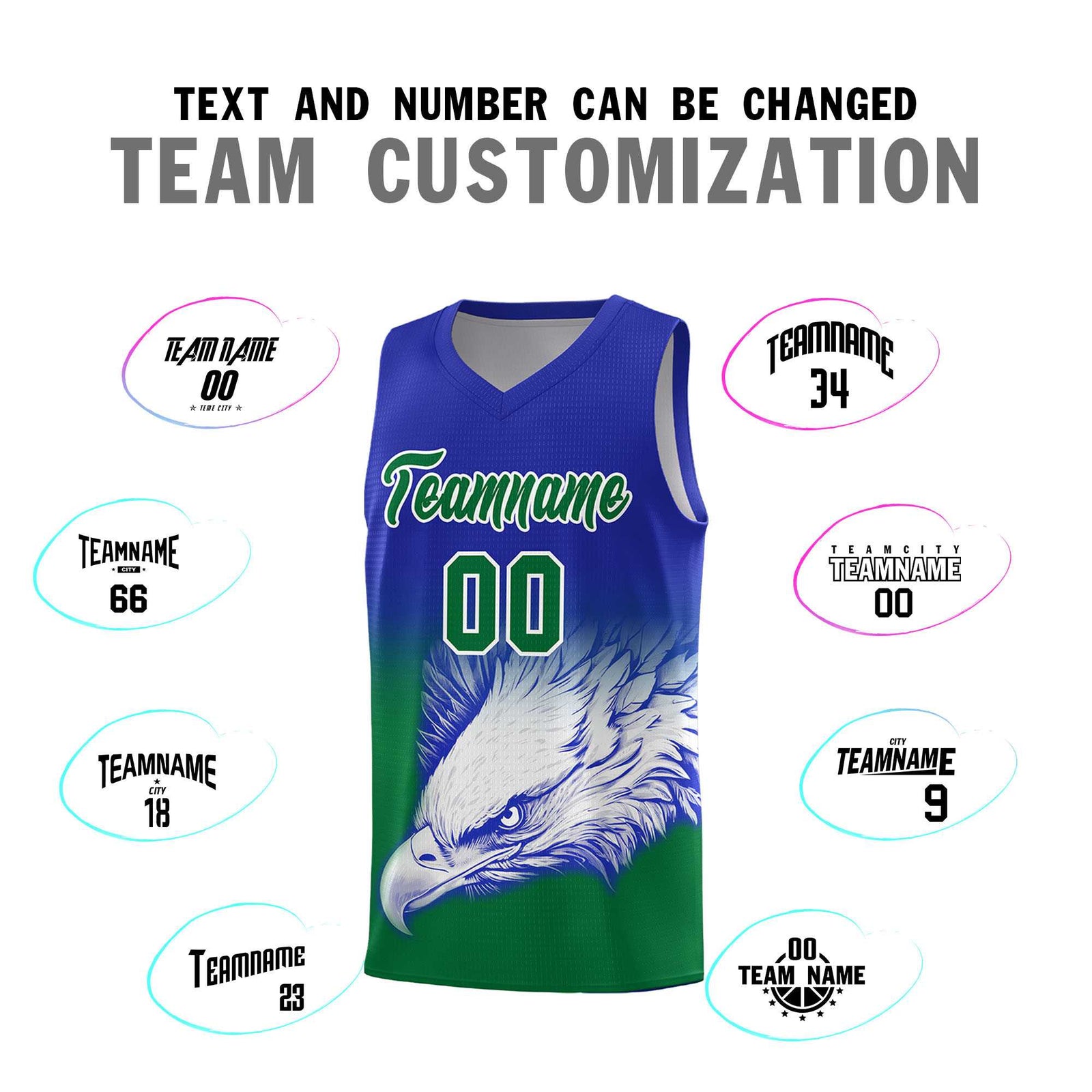 Custom Royal Kelly Green Eagle Pattern Graffiti Pattern Sports Uniform Basketball Jersey