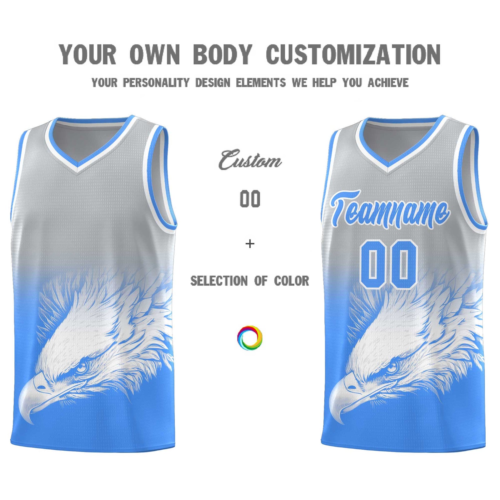 Custom Gray Powder Blue Eagle Pattern Graffiti Pattern Sports Uniform Basketball Jersey